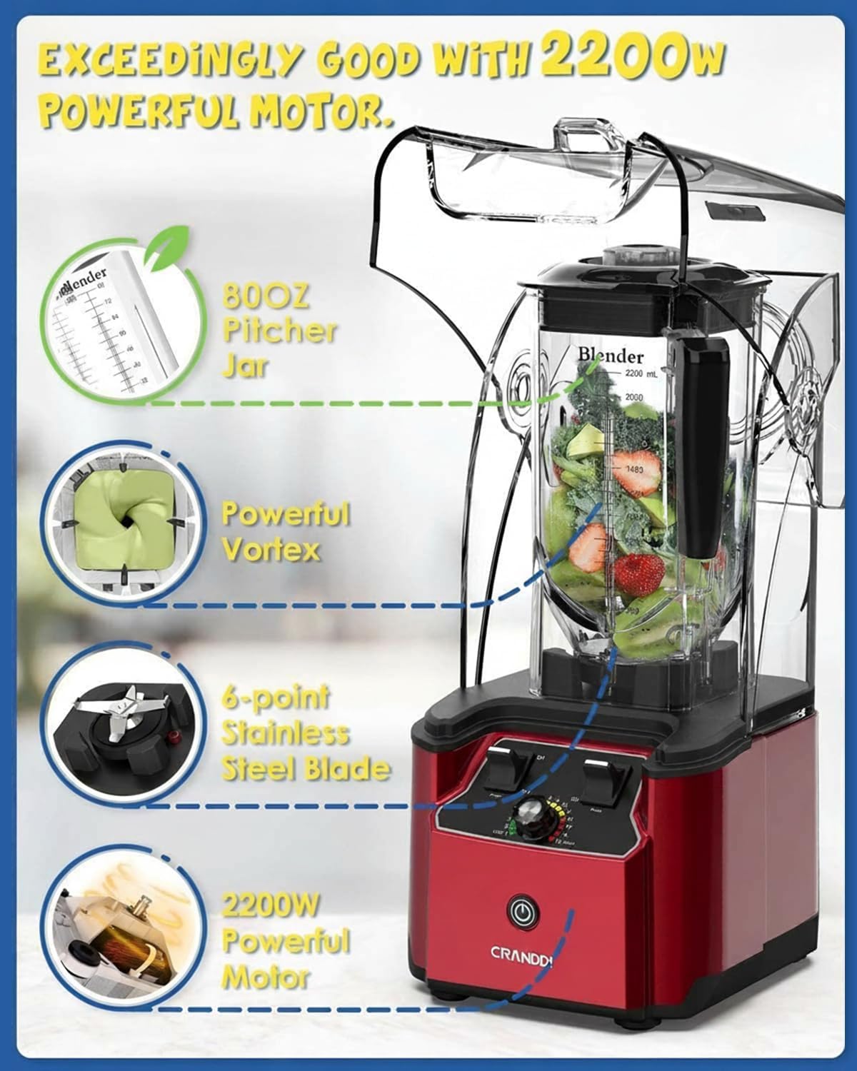 CRANDDI Commercial Quiet Blender, 2200 Watt Professional Countertop Blender with 80oz Pitcher, Built-in Pulse & 15-speeds Control, Smoothie Blender for Commercial and Home, K90 Red