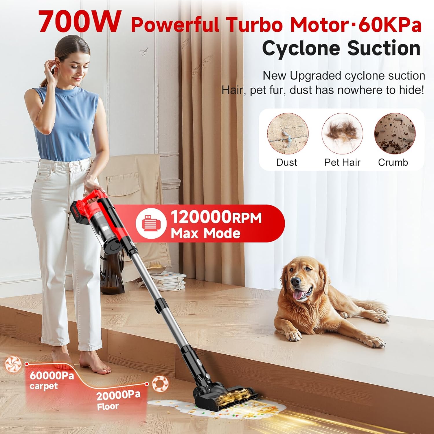 700W 60kPa Cordless Vacuum Cleaner, 8000mAh Brushless Vacuum Cleaners for Home, 6 in 1 Lightweight Stick Vacuum with Mount, 3 Suction Modes, Portable Handheld Cordless Vacuum for Pet Hair/Carpet/Floor