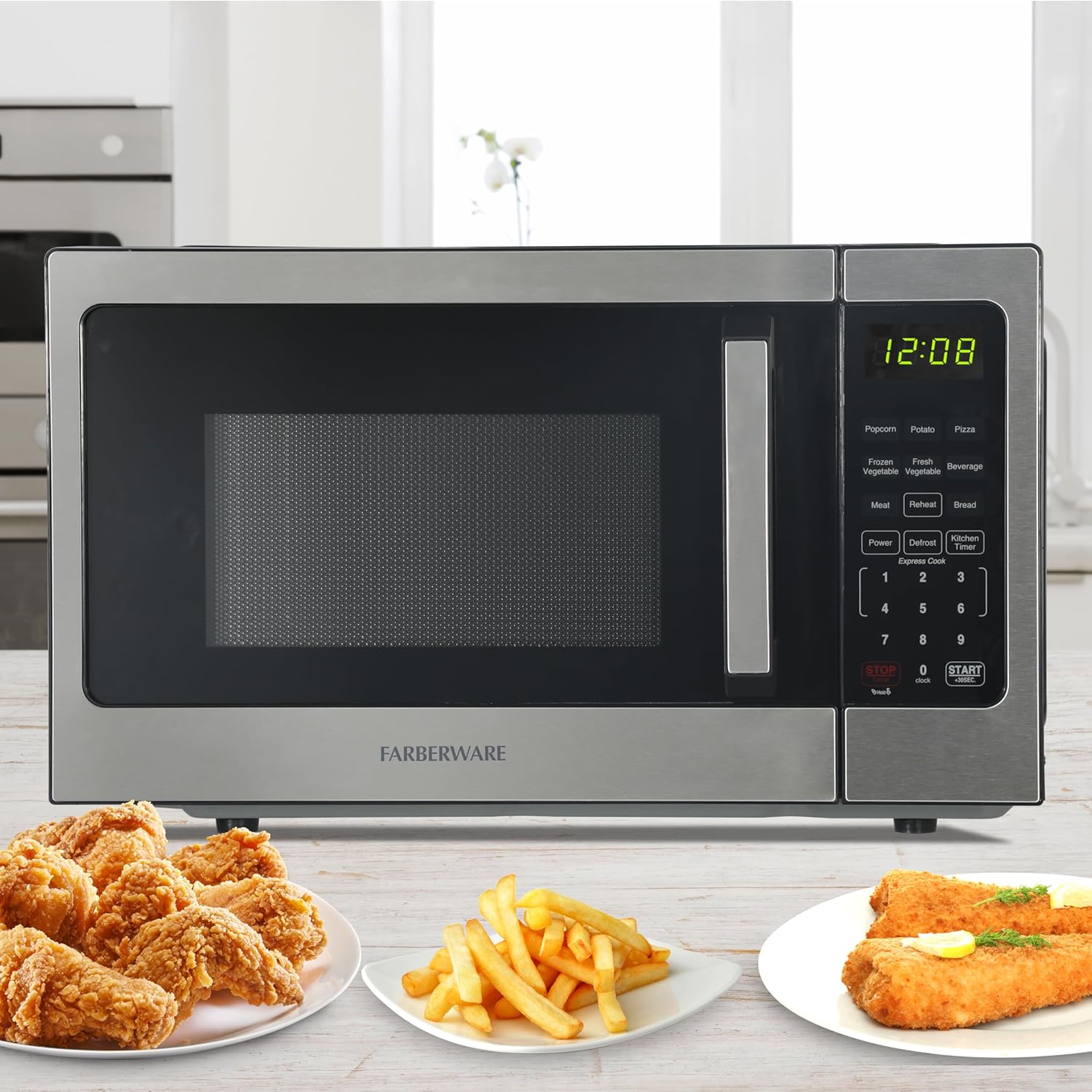 Farberware 0.9 Cu. Ft. Countertop Microwave Oven – 900 Watts Power, Auto Cook Settings, Defrost, Easy Clean and Child Safety Lock - Stainless Steel