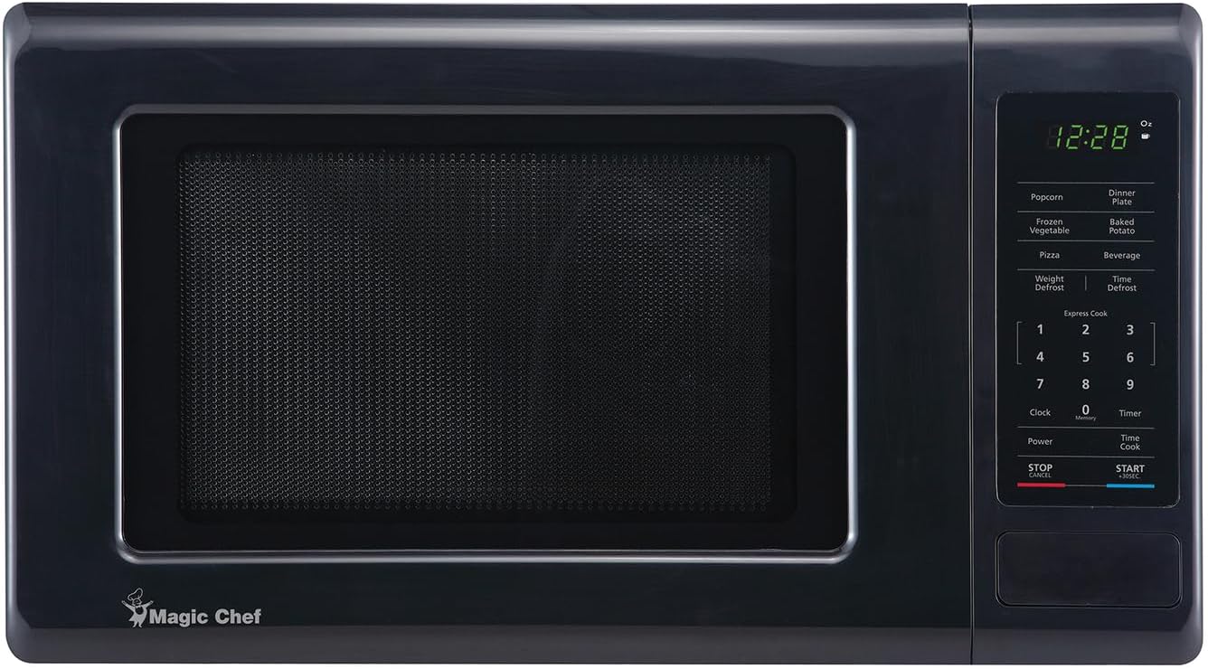 Magic Chef 0.9 Cubic Feet 900 Watt Stainless Countertop Microwave Oven for Compact Spaces with 6 Pre Programmed Cooking Modes, Black