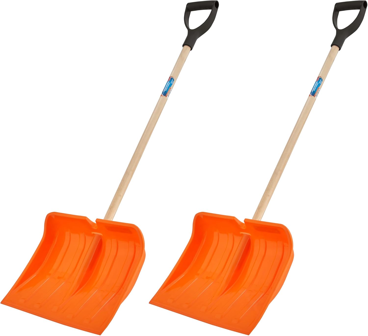 Superio Snow Shovel for Driveway, Stairs, Car Snow Removel Scooper Shovel Snow Pusher Sturdy Heavy Duty Plastic with Wooden Metal Handle (2 Orange)