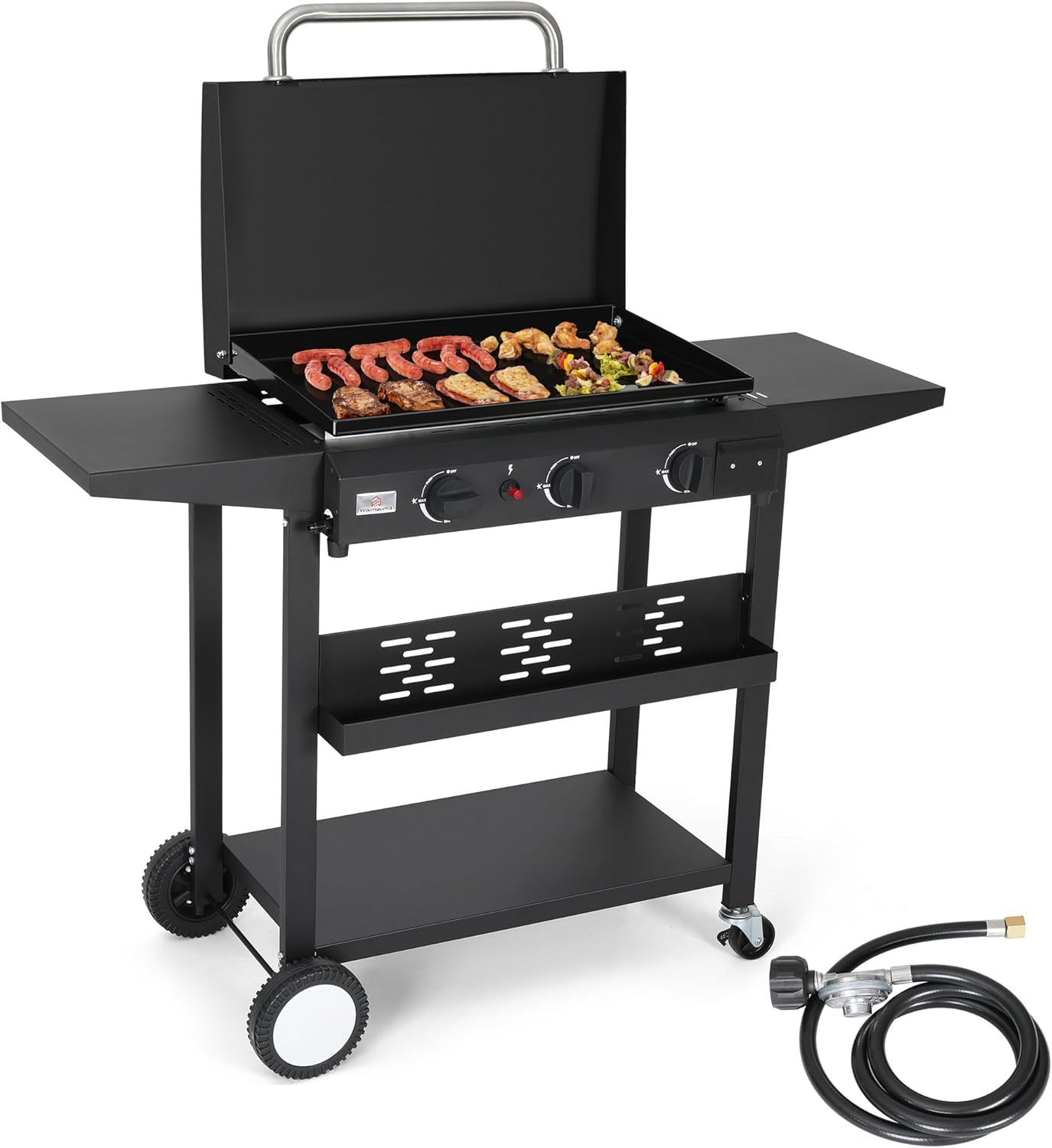 WARMOUNTS 3 Burner 23'' Propane Gas Griddle Removable, 2 in 1 Portable Flat Table Top Grill with Lid, 24600 BTU Outdoor Griddle with 4 wheels, Nonstick Enameled Tray, Side Tables, for Camping, BBQ