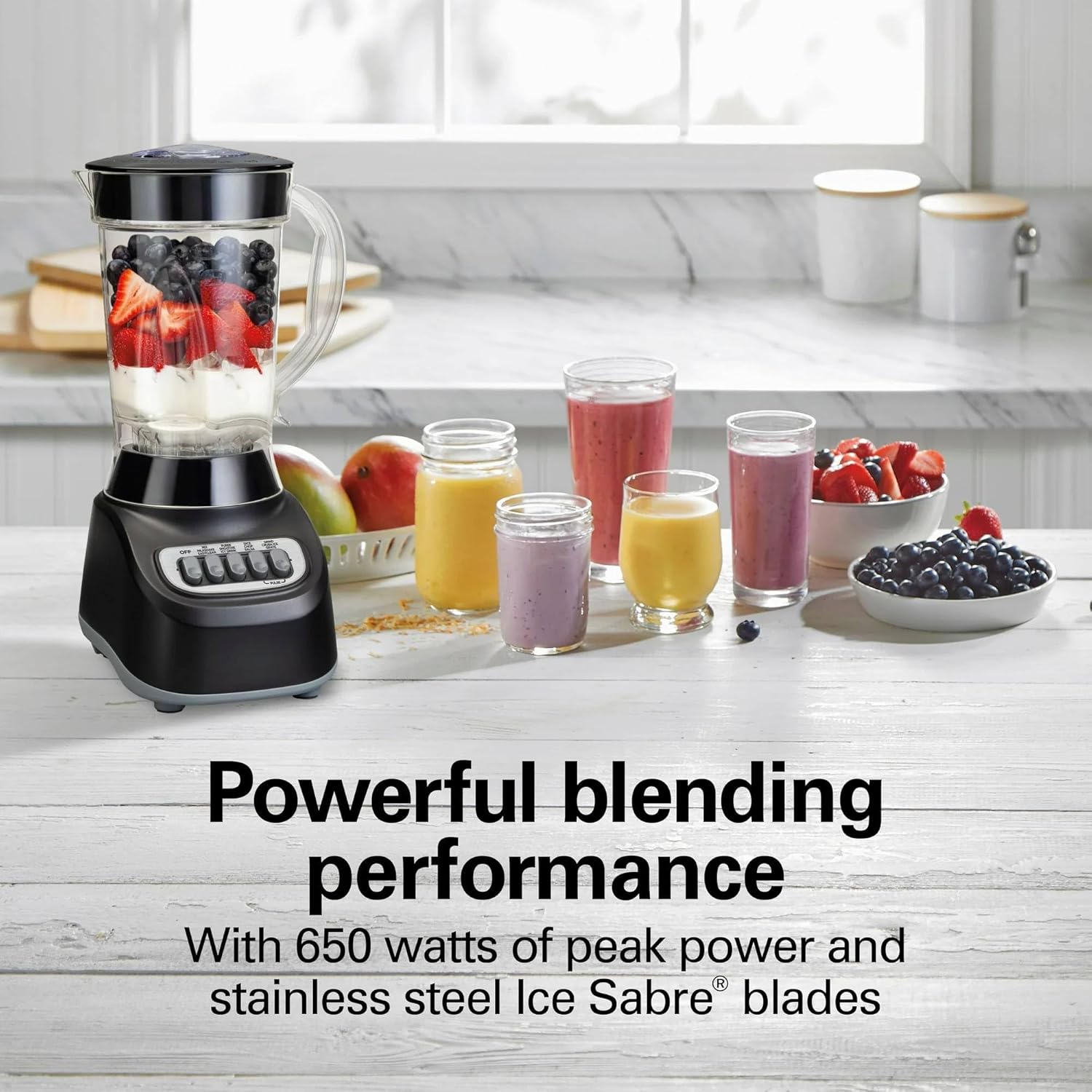 Beach Smoothie Blender with 650W Peak Power, Wave Action System, 12 Functions, 48 oz BPA-Free Jar, and Ice Sabre Blades Black (Black)