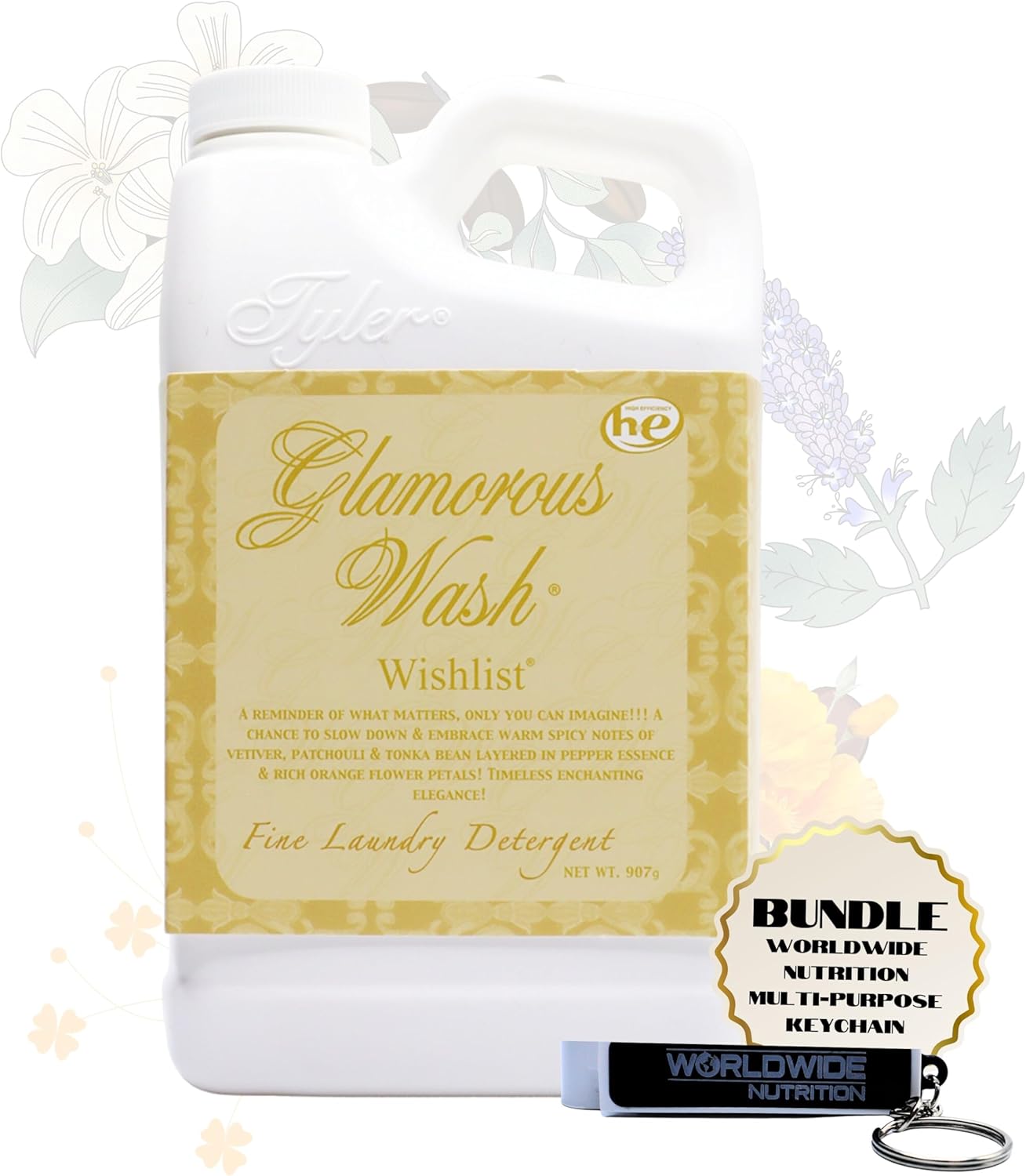 Worldwide Nutrition Bundle: Tyler Candle Company Glamorous Wash Wishlist Scent Fine Laundry Liquid Detergent - Hand and Machine Washable - 907g (32 Fl Oz) Container and Multi-Purpose Key Chain