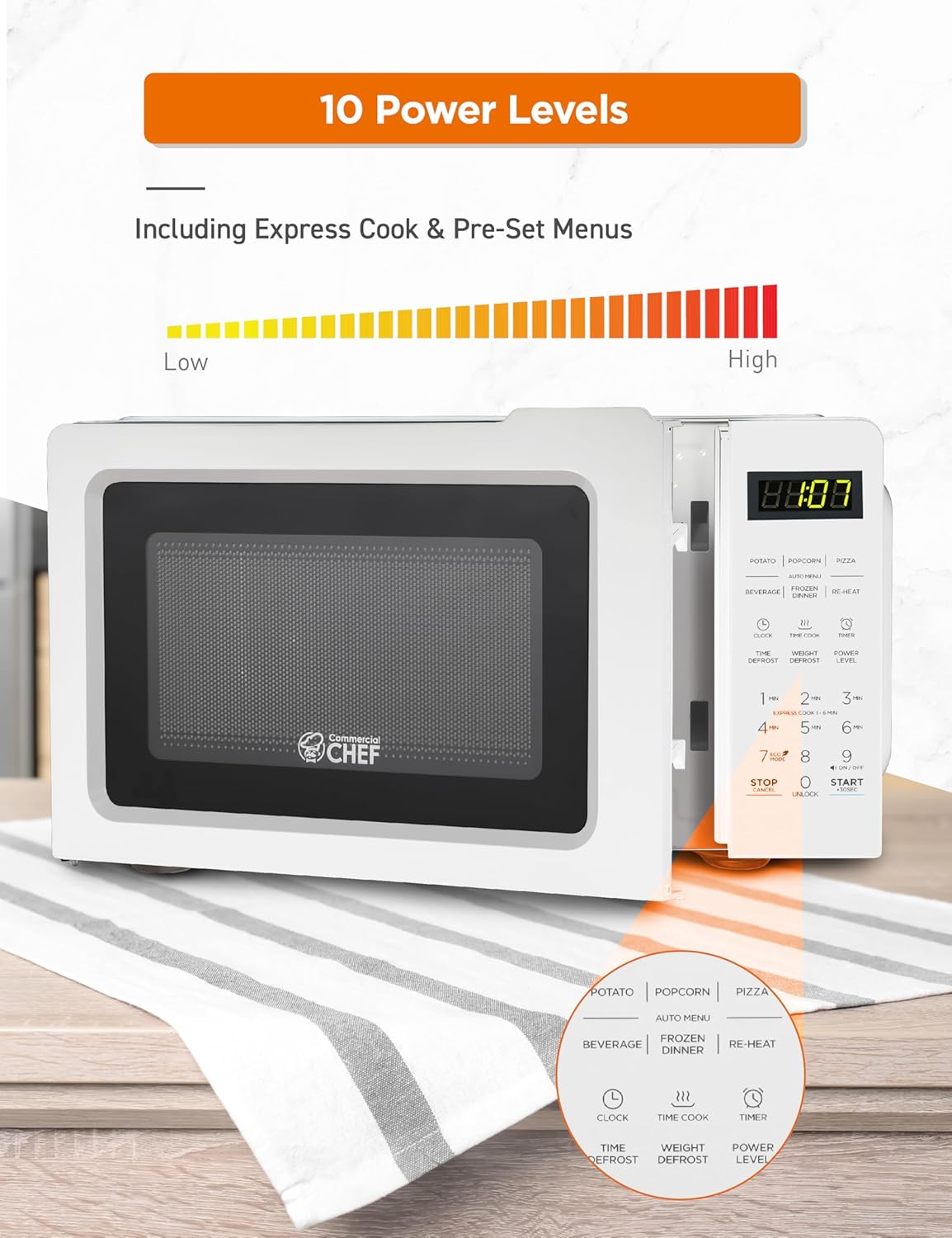 COMMERCIAL CHEF 0.7 Cubic Foot Microwave with 10 Power Levels, Small Microwave with Pull Handle, 700W Countertop up to 99 Minute Timer and Digital Display, White