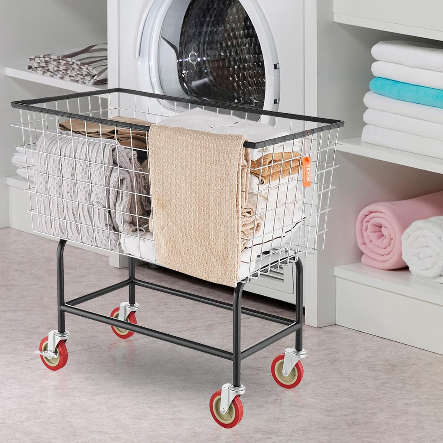 VEVOR Wire Laundry Cart, 3.8Bushel Wire Laundry Basket with Wheels, 32.5''x21.3''x29.9'', Commercial Laundry Basket, Steel Frame with Chrome Finish, 4'' Casters, Wire Cart for Laundry