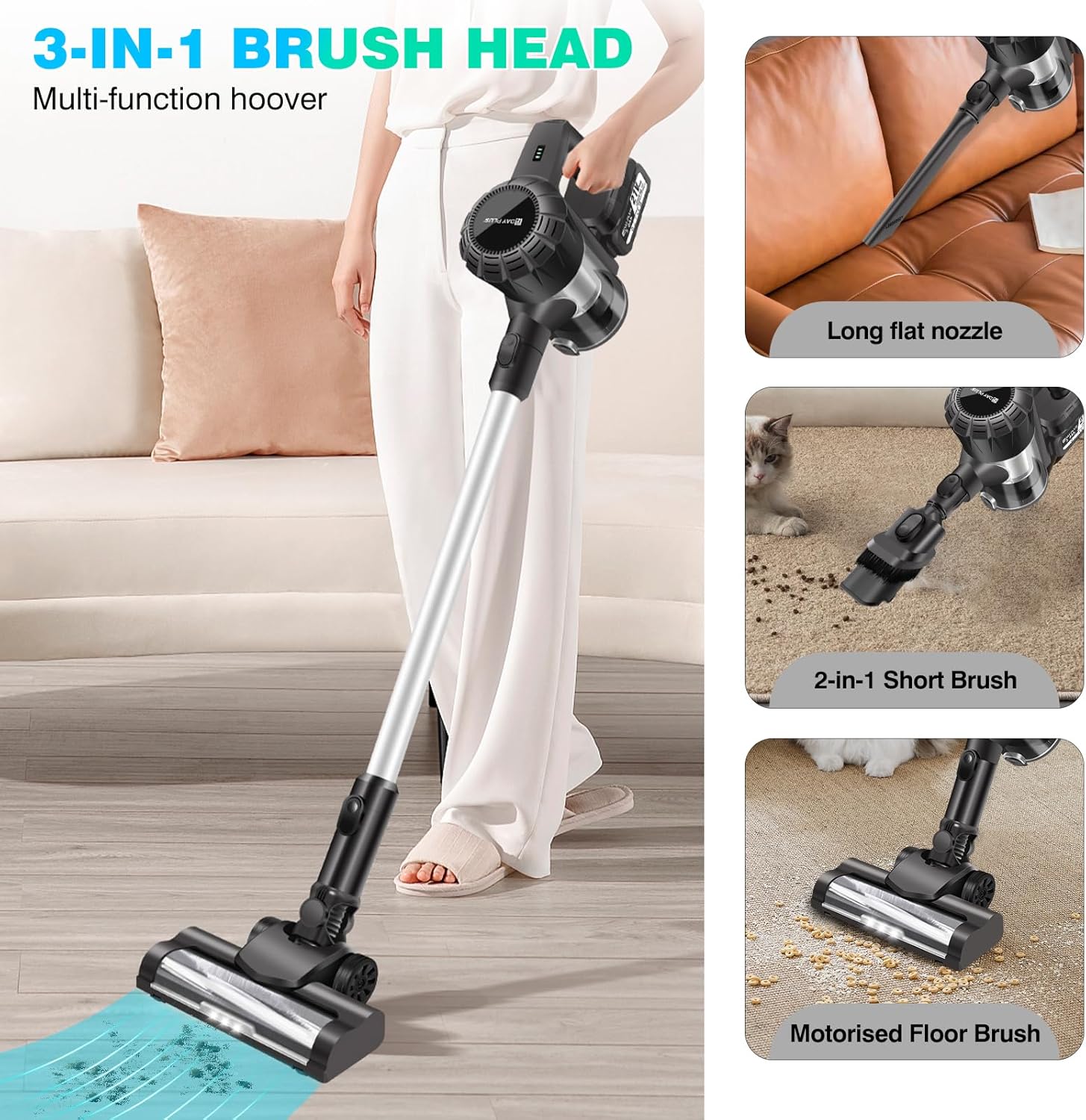 Cordless Vacuum Cleaner, Lightweight Handheld Stick Vacuum, 15KPa Powerful Suction with Brushless Motor, 2 Suction Modes, 6.0Ah Detachable Battery, Cordless Hardfloor Cleaner for Home/Pet Hair/Carpet