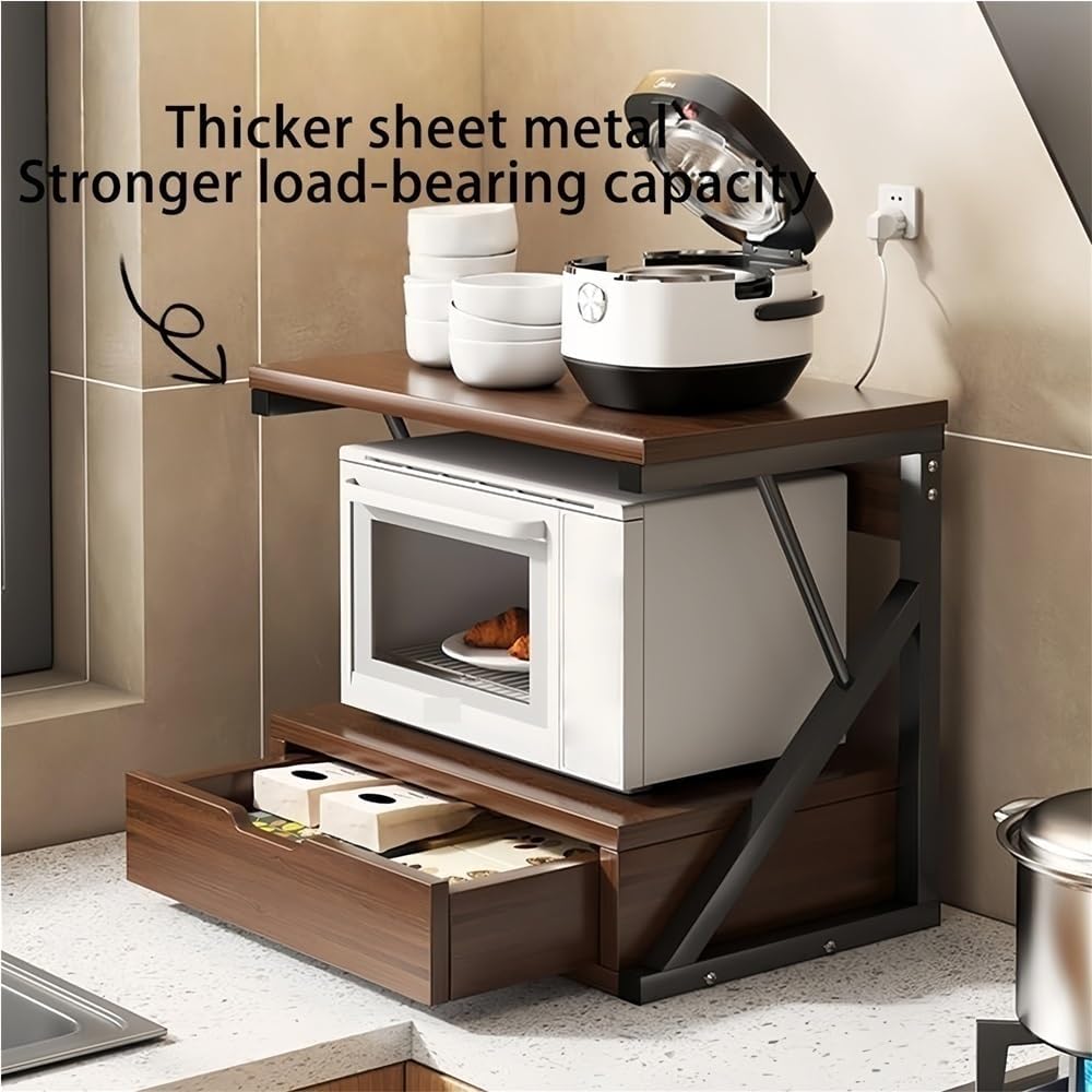2 Tier Storage Organizer Rack, Wood Microwave Oven Racks with Drawer, Storages Cabinet Shelf for Kitchen, Restaurant(Brown)