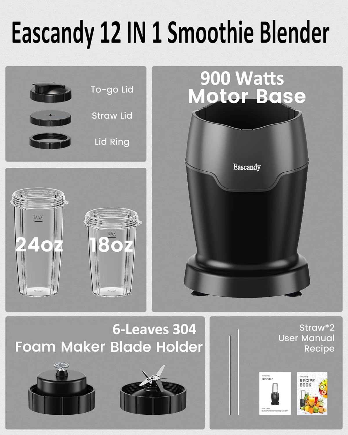 Real 900 Watts Smoothie Blender for Shakes and Smoothies with Milk Frother, 12 in 1 Set Personal Blender, Germany Stainless Steel Blades Smoothie Maker with 2 Tritan Sport Cups