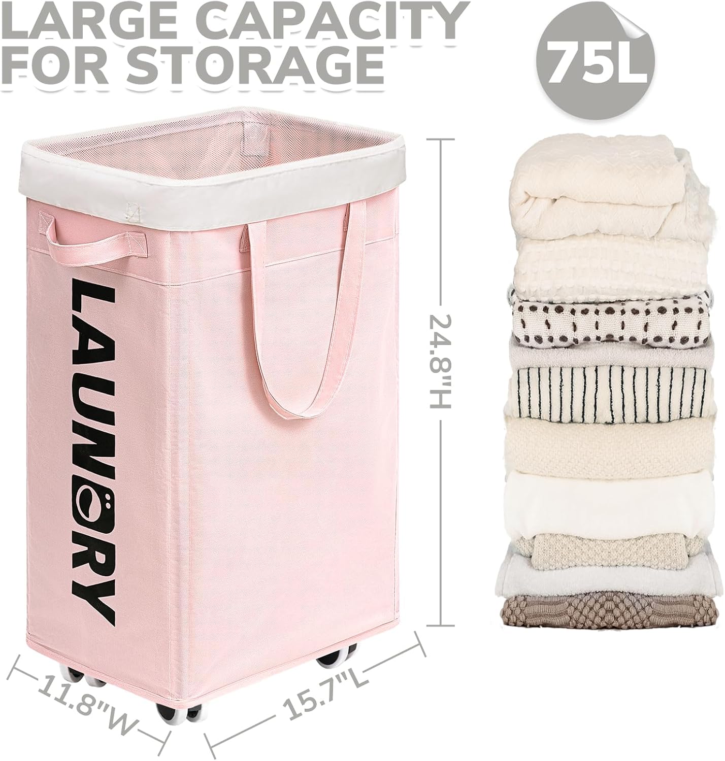 CHICVITA 2-Pack Laundry Hamper with Wheels, 75L Collapsible Laundry Basket with Removable Wash Bags, Pink Laundry Hamper for Corner Dorm, Rolling Laundry Basket on Wheels