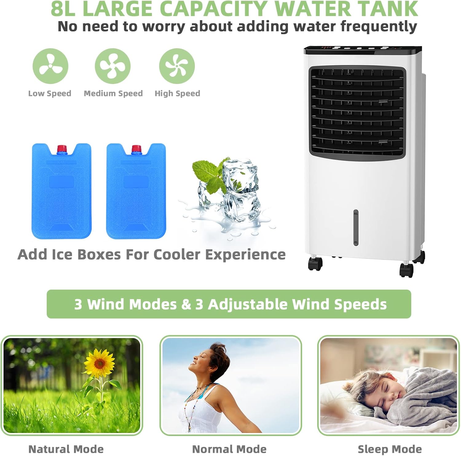 PETSITE Evaporative Air Cooler, Portable Cooling Fan with Remote Control, Ice Packs, Humidifying, 3 Speeds, 7.5H Timer, Personal Swamp Cooler for Room Home Office