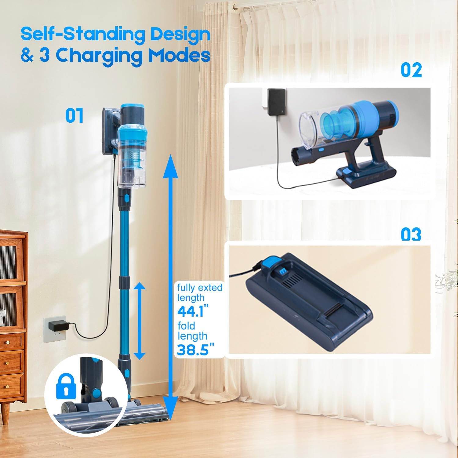 Cordless Vacuum Cleaner, Max 580W 55kPa 60mins Powerful Lightweight Rechargeable Stick Vacuum With Anti Tangle, Green Light, Self-Standing Vacuum Cleaners For Home, Hardwood Floor, Pet Hair, Carpet