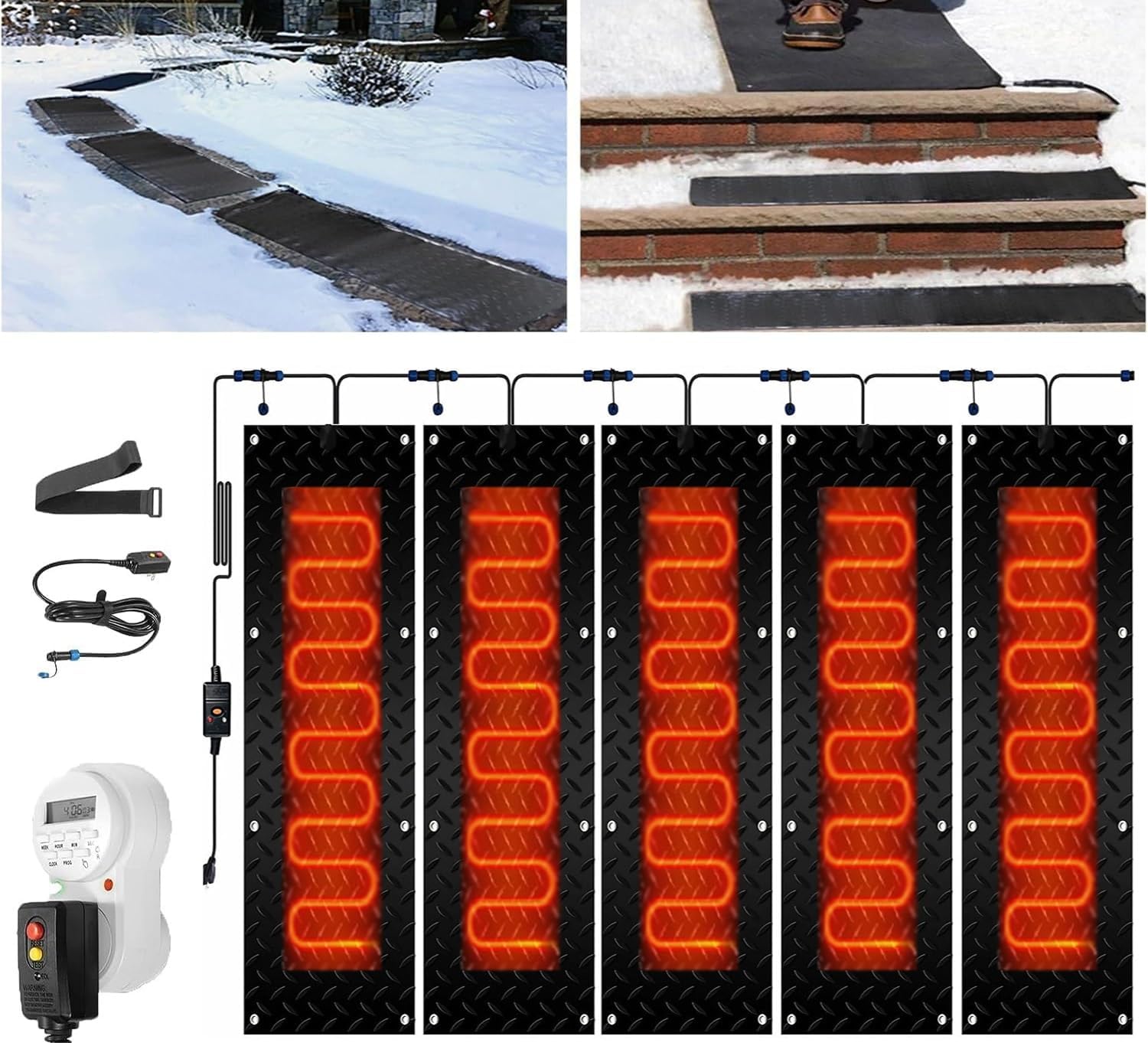 Outdoor Heated mat with Timer, 1/2/3/4/5 Pcs Walkway Snow Melting mats,Outdoor Stairs- Non-Slip Winter Removal and Ice Melt Products -Heating Entrance(5 Pcs,12x48in/(30x120cm))