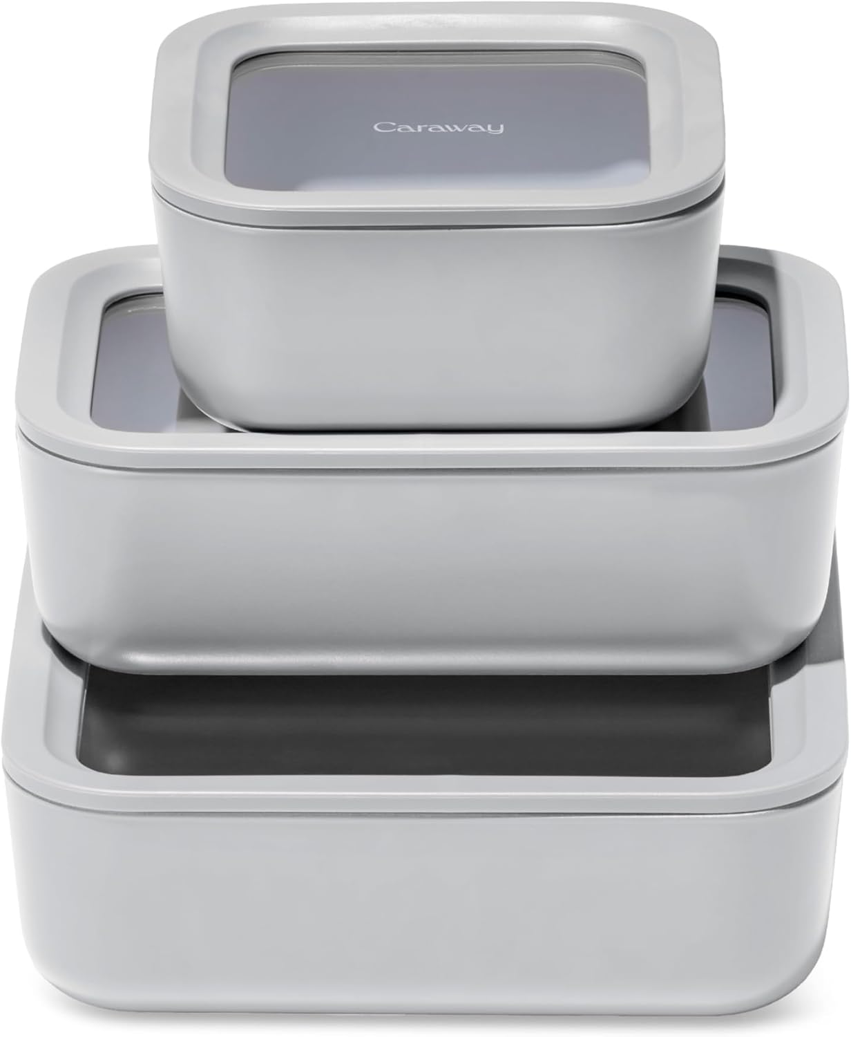Caraway 3pc Glass Food Storage Set - 10, 6.6, & 4.4 Cup Containers - Ceramic Coated - Non-Toxic Non-Stick Lunch Box With Glass Lids - Dishwasher, Oven, & Microwave Safe - Gray