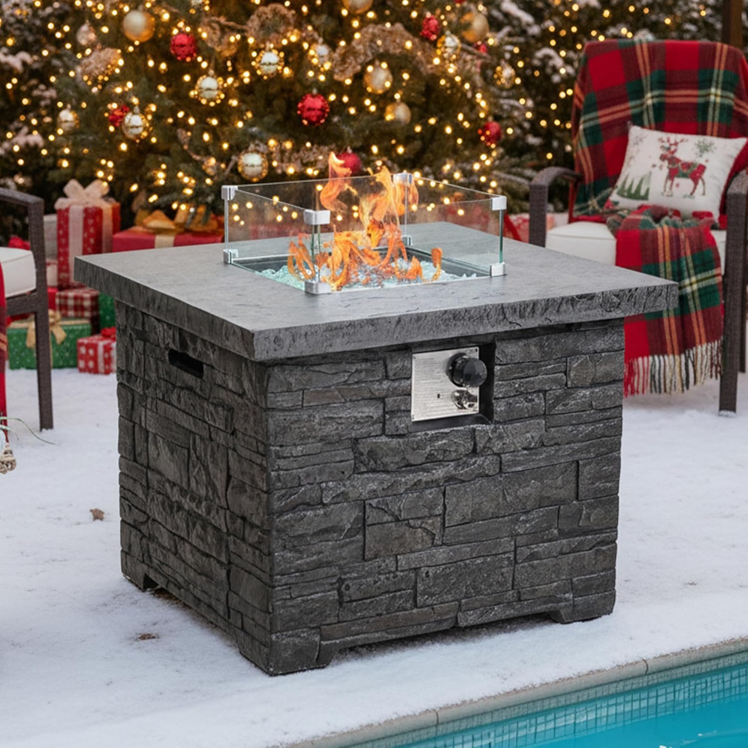 4-Piece Propane Fire Pit Table Set w Glass Wind Guard & Fire Glass Beads & Rain Cover, 35-Inch Square Outdoor Gas Fire Table 50,000 BTU for Patio, Black Terrazzo with Slate-Stone Look