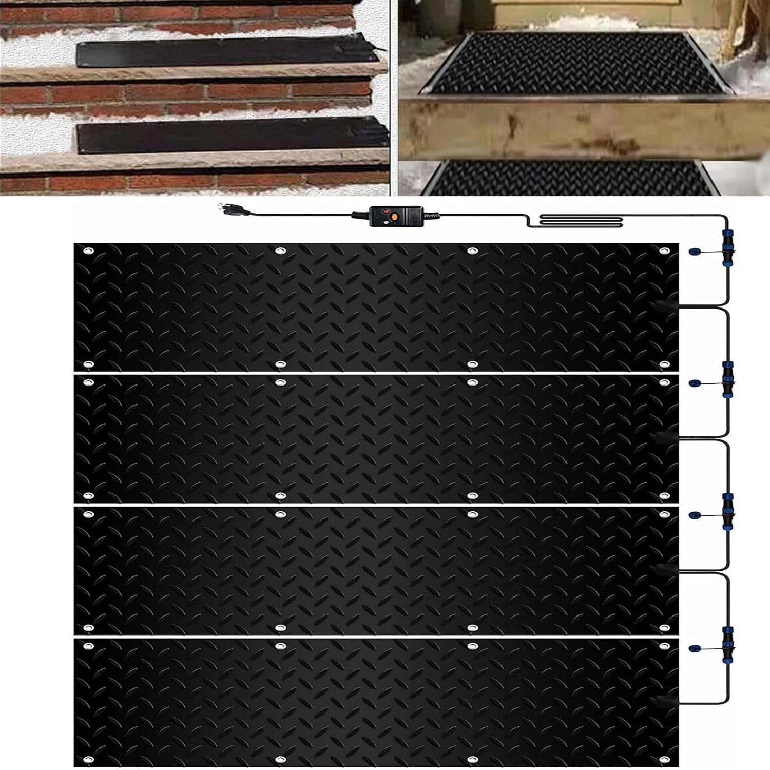 Heated Snow Melting Mats for Entrances 1/2/3/4/5 pcs Heated Outdoor Mats for Stairs- w/Power Cord, Slip-Proof Design for Extra Traction, Winter Outdoor Snow Mat(4 Pcs-10inx35.4in (25.4x90cm))