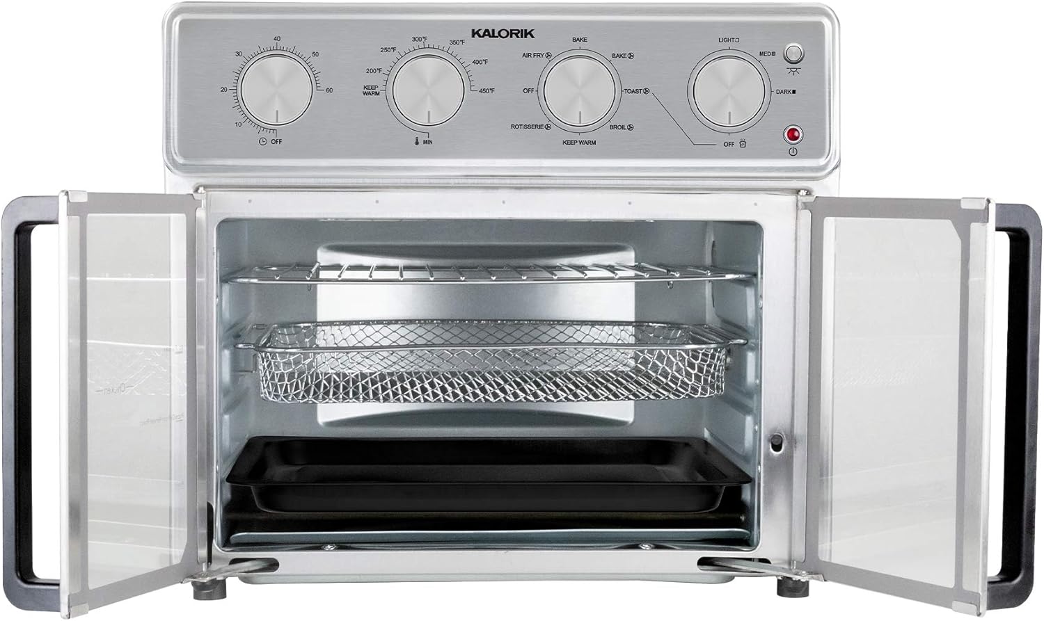 Kalorik MAXX Air Fryer Oven, 26 Quart 9-in-1 Countertop Toaster Oven and Air Fryer Combo - Fry, Bake, Roast, Rotisserie, & More, Large Glass French Doors & 7 Accessories, 1700-Watts, Stainless Steel