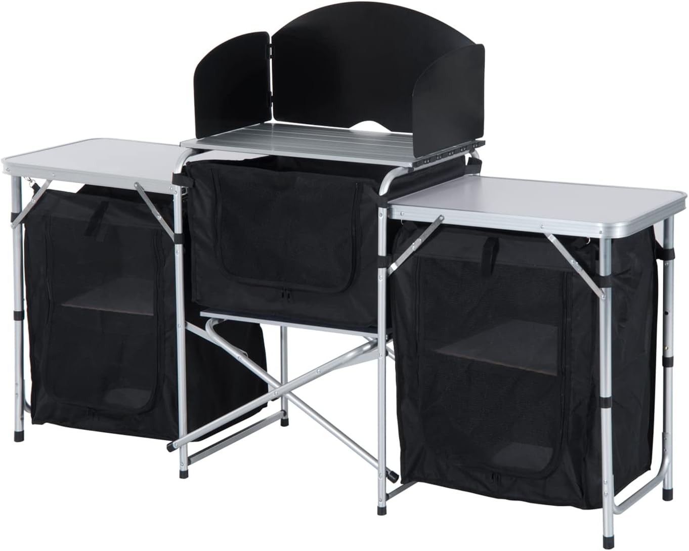 Outsunny Camping Kitchen Table, Aluminum Portable Outdoor Cooking Table, Fold-Up Cook Station with Windscreen and 3 Enclosed Cupboards for BBQ, Party, Picnics, Backyards
