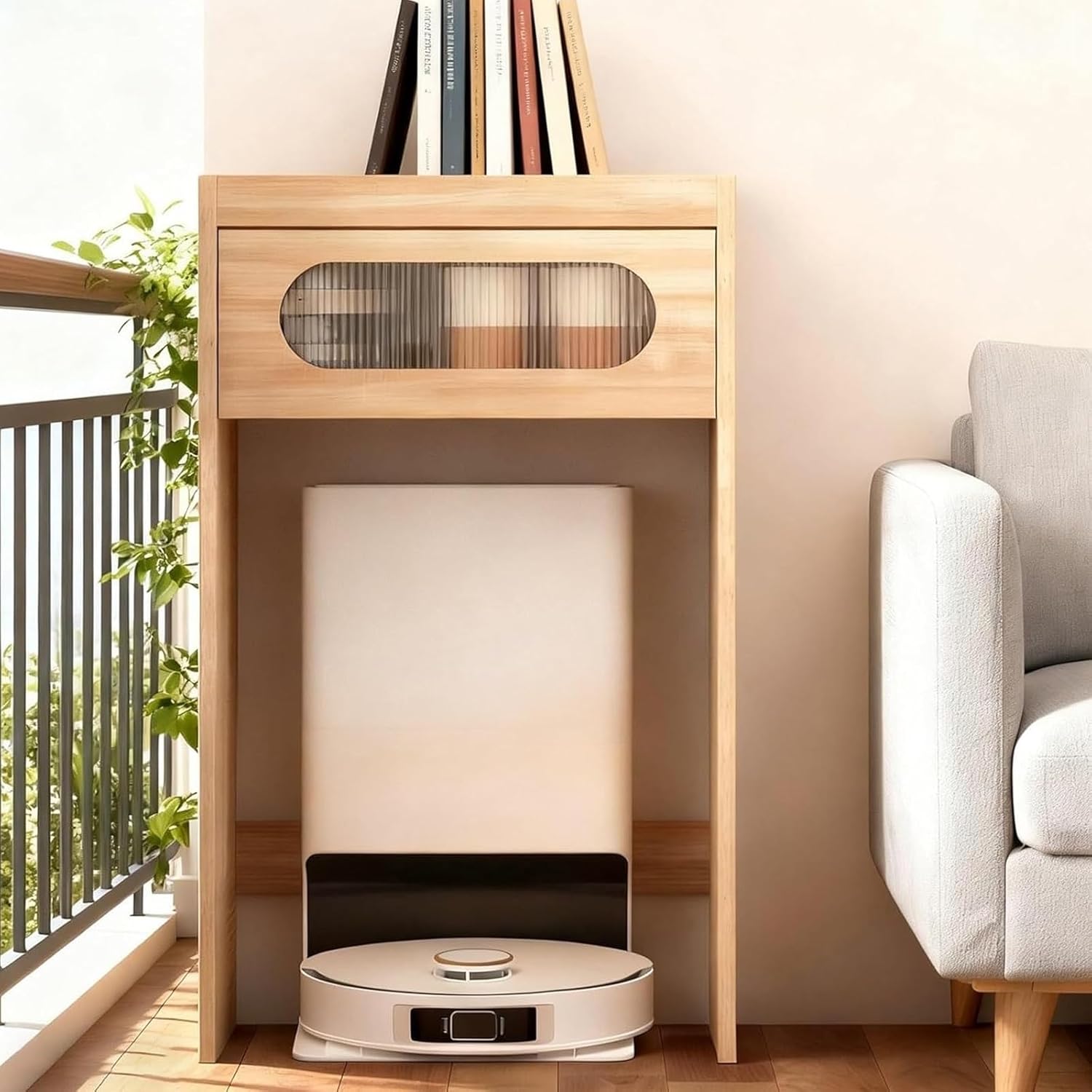 Robot Vacuum Storage Cabinet, Sweeping Robot Storage Rack with Acrylic Doors, Wood Household End Table to Hide Robot Vacuum for Living Room(Yellow,75x45cm/29.5x17.7in)