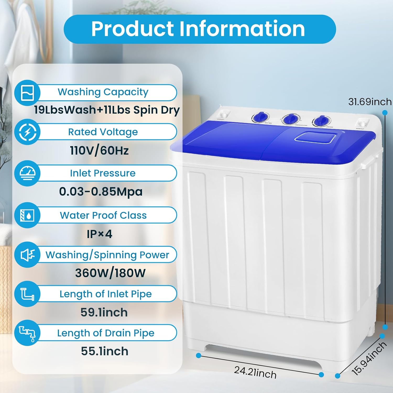 Nictemaw Portable Washing Machine 30Lbs Capacity Washer and Dryer Combo 2 In 1 Compact Twin Tub Laundry Washer (19Lbs) & Spinner (11Lbs) with Drain Pump, Time Control, for Apartment Dorms RV, Blue