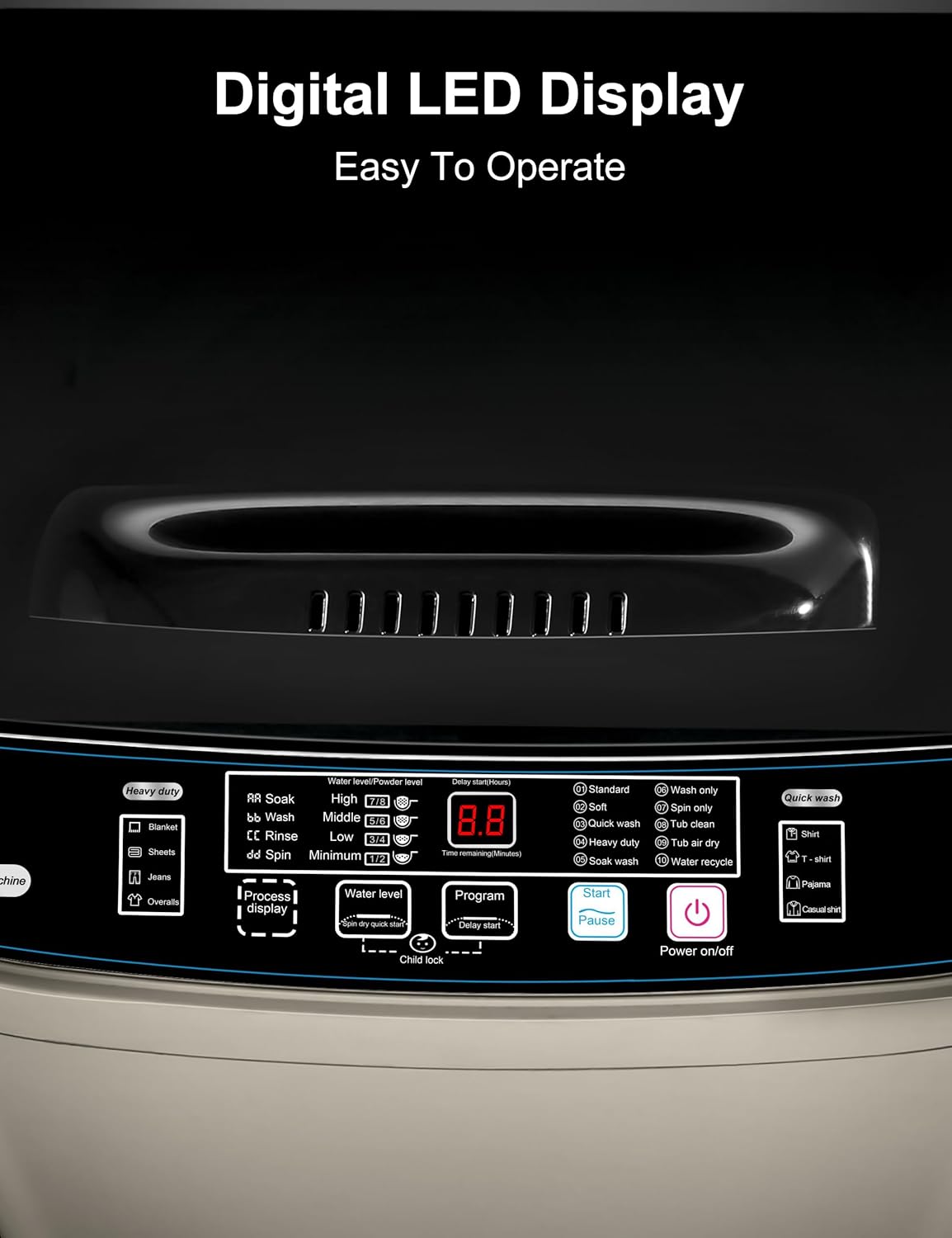 Portable Washing Machine - 2.0 Cu.ft Portable Washer Full-Automatic With LED Display, Compact Washer Ideal for Apartments, Homes, and Dorms, 10 Wash Cycles, Low Noise, IPX4 with Drain Pump