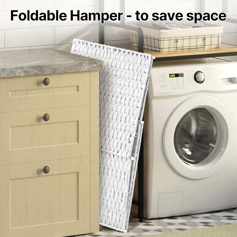 Greenstell Laundry Hamper with 2 Removable Liner Bags，90L Divided Clothes Hamper, Handwoven Synthetic Rattan Foldable Laundry Basket with Lid and Handles White (18.5 x 13.3 x 24.0Inches)