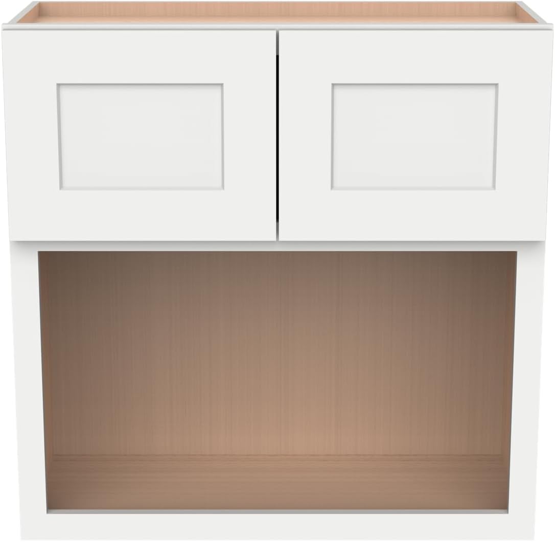 Solid Wood RTA Wall Microwave Cabinet with Open Shelves – Shaker Style, Space-Saving Kitchen Pantry Storage, Durable and Versatile Wall-Mounted Organizer (SK-Origami White, 30