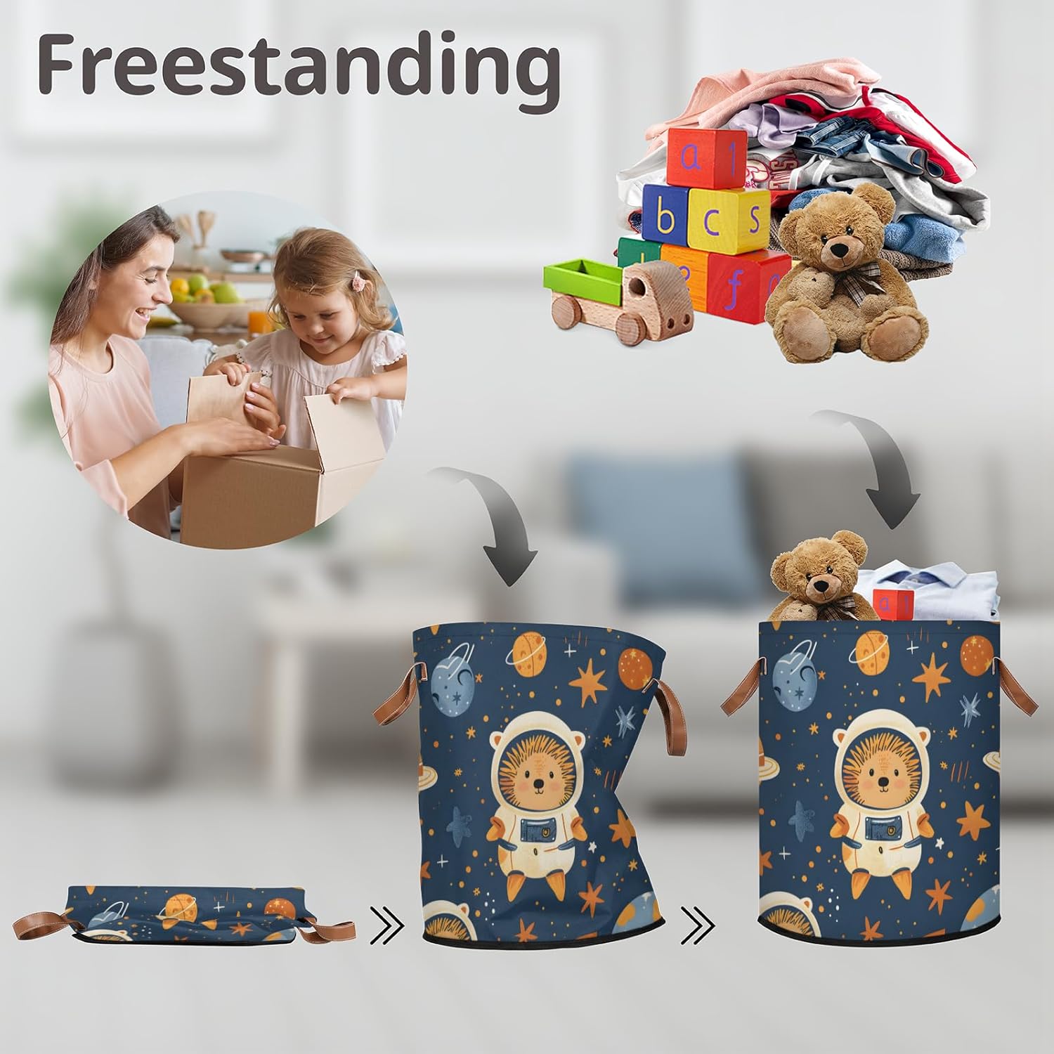 Space Funny Hedgehog Laundry Basket Foldable Clothes Organizer Laundry Hamper with Handles Waterproof Washing Bin for Bedroom Bathroom