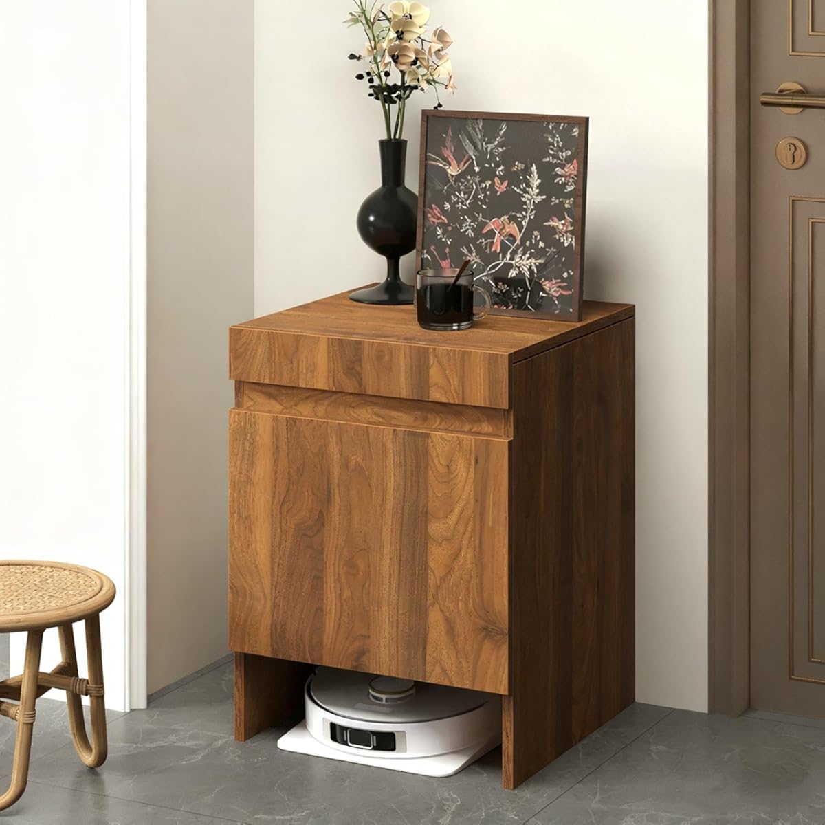 Robot Vacuum Stand Hidden Cabinet, Storage Cabinet with Doors for Robot Vacuum Cleaner,Household End Side Table,Wood Freestanding Rack Space Saver for Home Office (Brown)