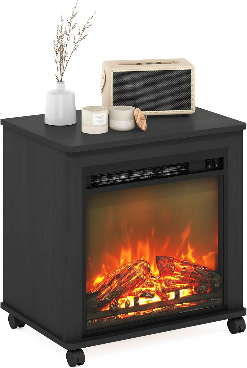 Furinno Jensen Side Table, Fireplace End Table with Wheels, Electric Fireplace Night Stand, Bedside Table, for Living Room, Bedroom, Americano