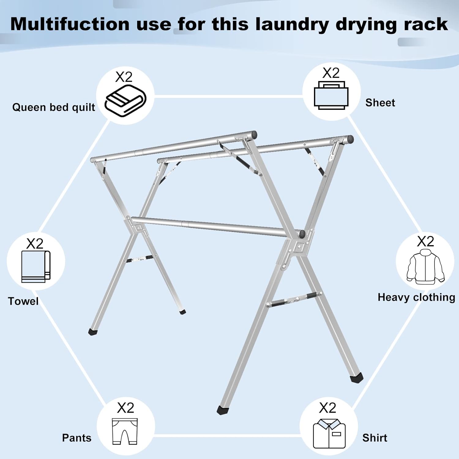 Sarahipe Sillars Clothes Drying Rack, 63 inches Laundry Drying Rack Clothing Foldable & Collapsible Stainless Steel Heavy Duty Clothing Drying Rack with Windproof Hooks for Indoor Outdoor