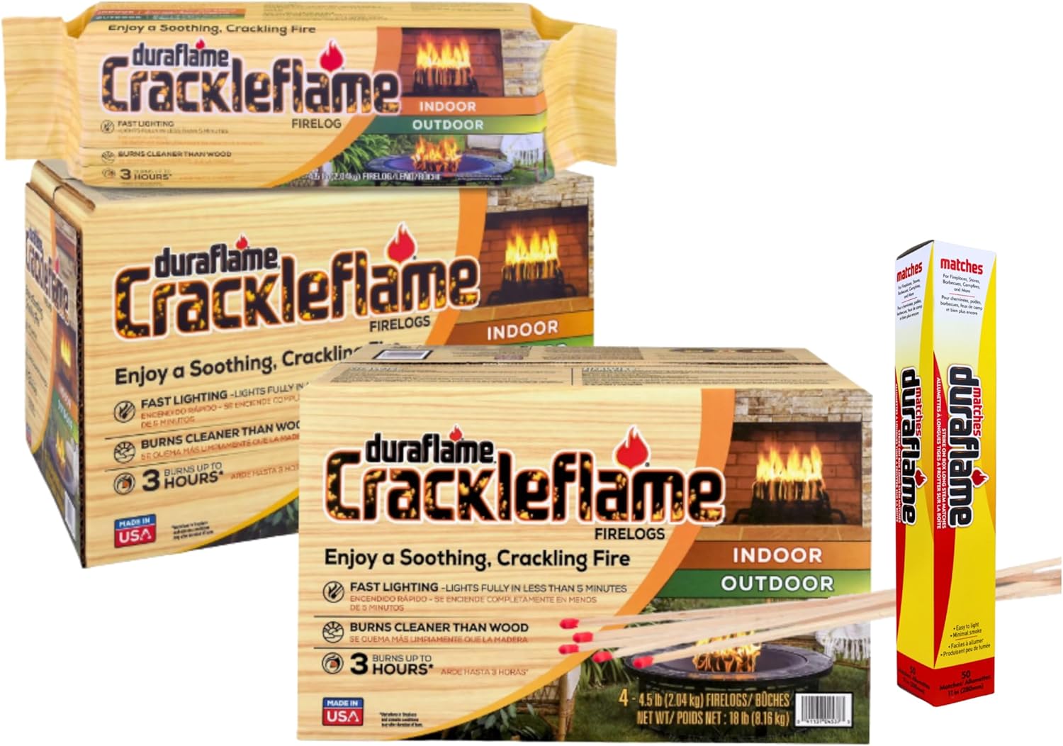 Duraflame Crackleflame Firelogs – Cozy Crackling Fireplace Logs, Fast Lighting in Under 5 Minutes, Burns 80% Cleaner Than Wood, Indoor/Outdoor Use (2 Cases + Matches)