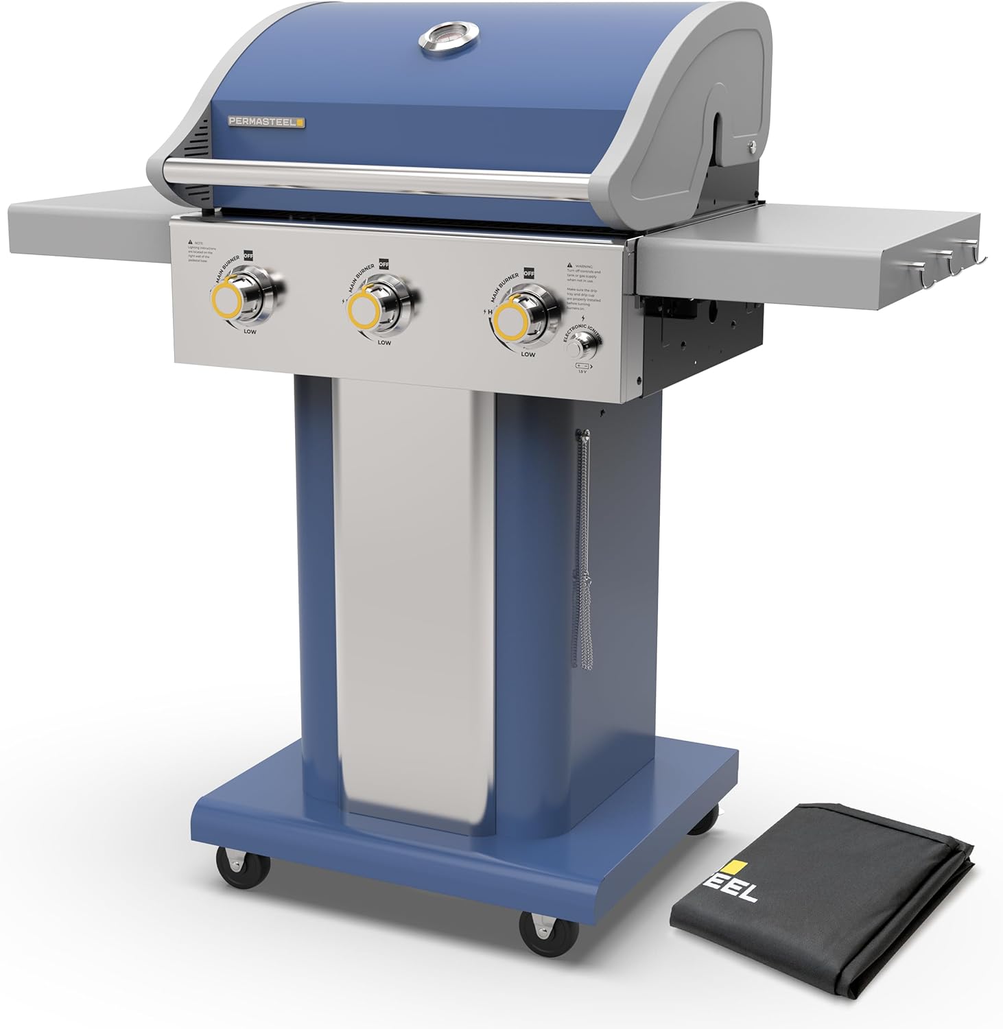 Permasteel 3-Burner Propane Gas Grill, 30,000 BTUs BBQ Grill with Cast Iron Grates, Foldable Side Tables & Tool Hooks, Outdoor Grill, Azure + Bonus Cover
