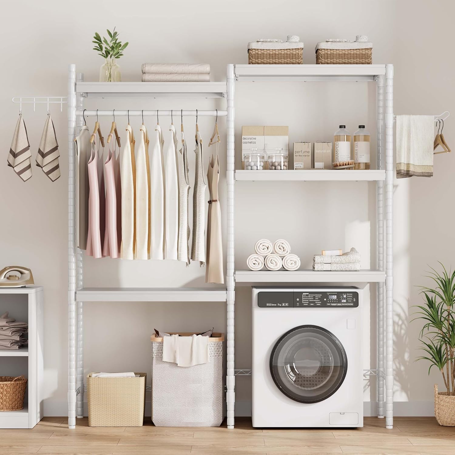 GAOMON Over The Washer and Dryer Storage Shelf, 5-Tier Adjustable Laundry Organizer with Double Layer Wood Shelves for Laundry Room Organization, White, 30 Inch