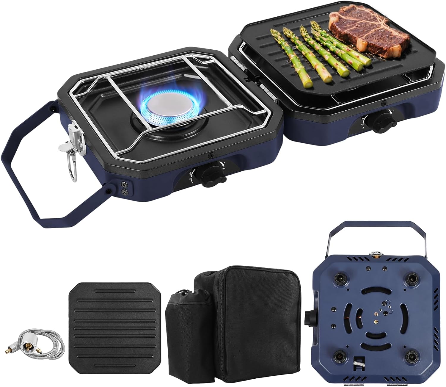Dollate 2-Burner Propane Stove with Griddle and Carrying Bag, Portable Foldable Camping Stove with 2 Adjustable Burners 16000 BTUs,for Camping Tailgating Essentials Gear (Blue)