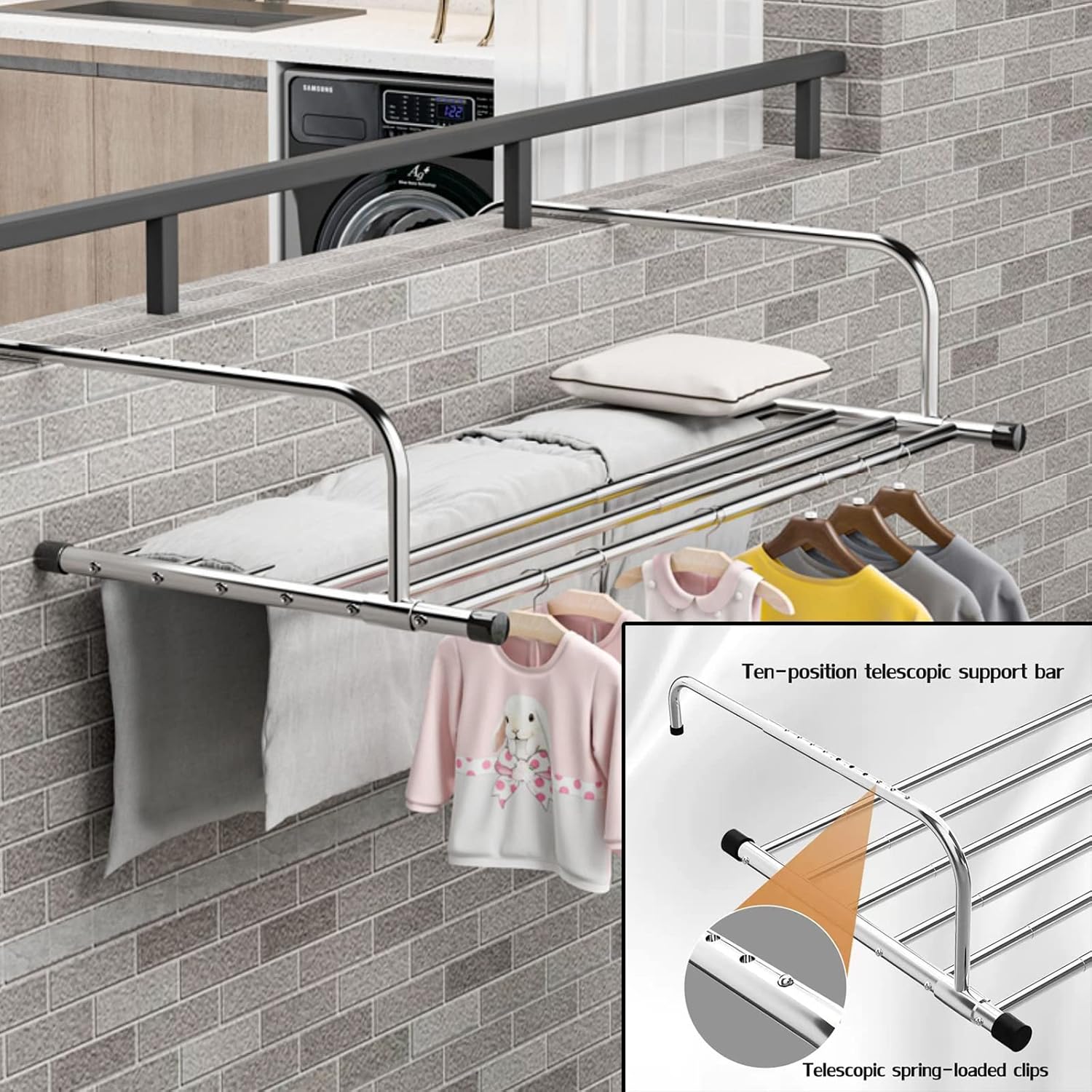 Clothes Airer Indoor Radiator Clothes Dryer Extendable Balcony Radiator Drying Rack Stainless Steel Radiator Folding Airer Foldable Laundry Drying Rail for Hanging Clothe(Silver-61)