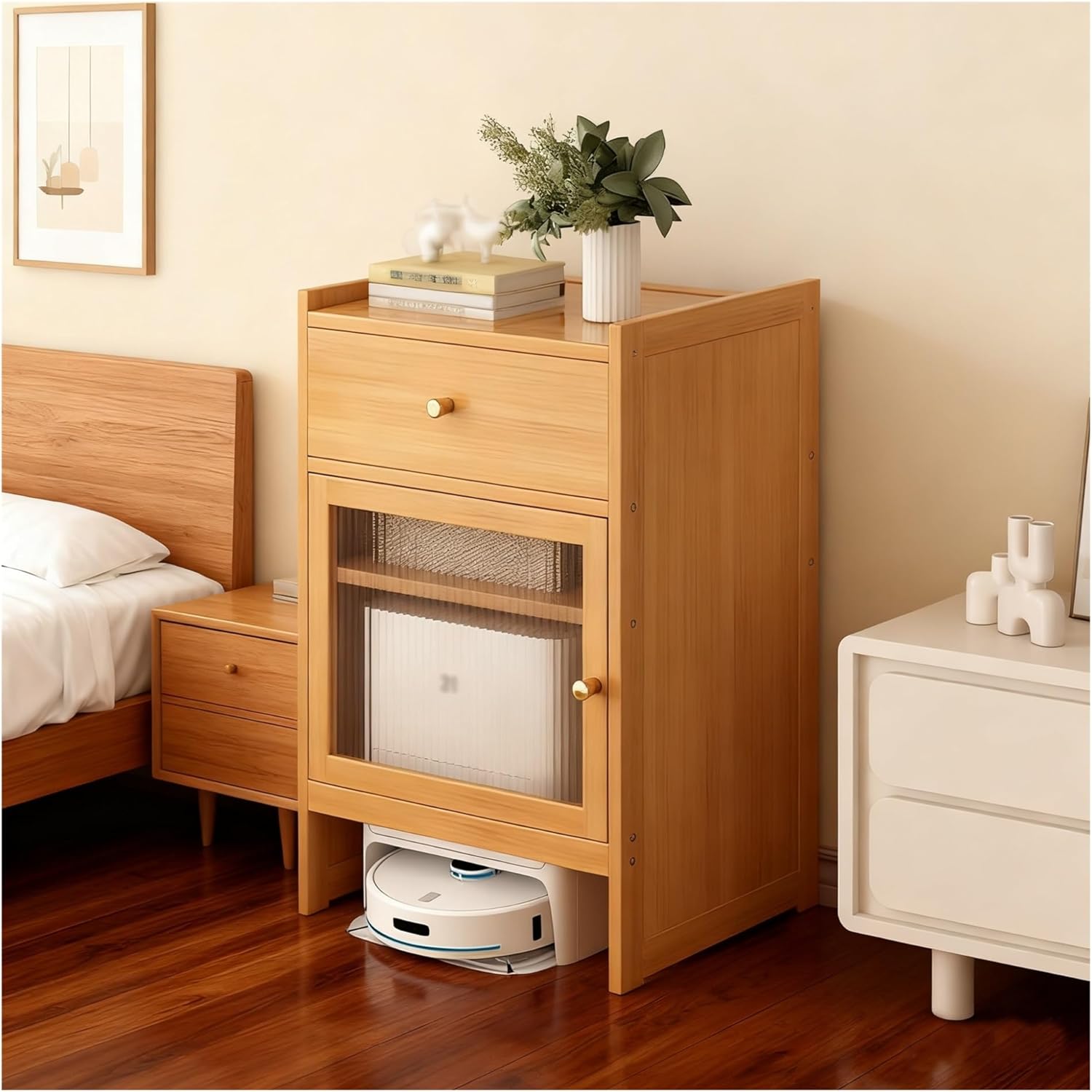 Robot Vacuum Cabinet, Robot Vacuum Storage Cabinet Wood Freestanding Rack for Living Room, Home, Office, Entrance, Save Space(Natural)