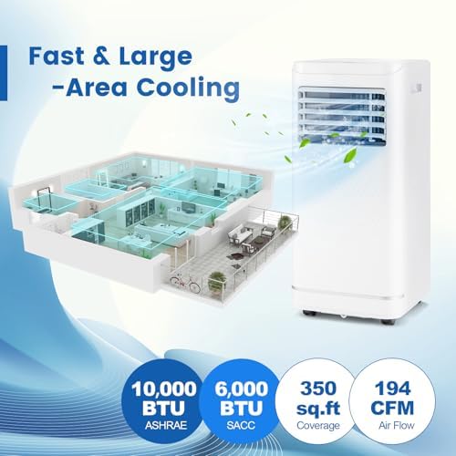 LDAILY Portable Air Conditioner, 3-in-1 Multifunctional Cooling Unit w/Dehumidifier & Fan Mode, Compact Design with Wheels, Child Lock & Timer for Bedroom Office Kitchen, White (10000 BTU)