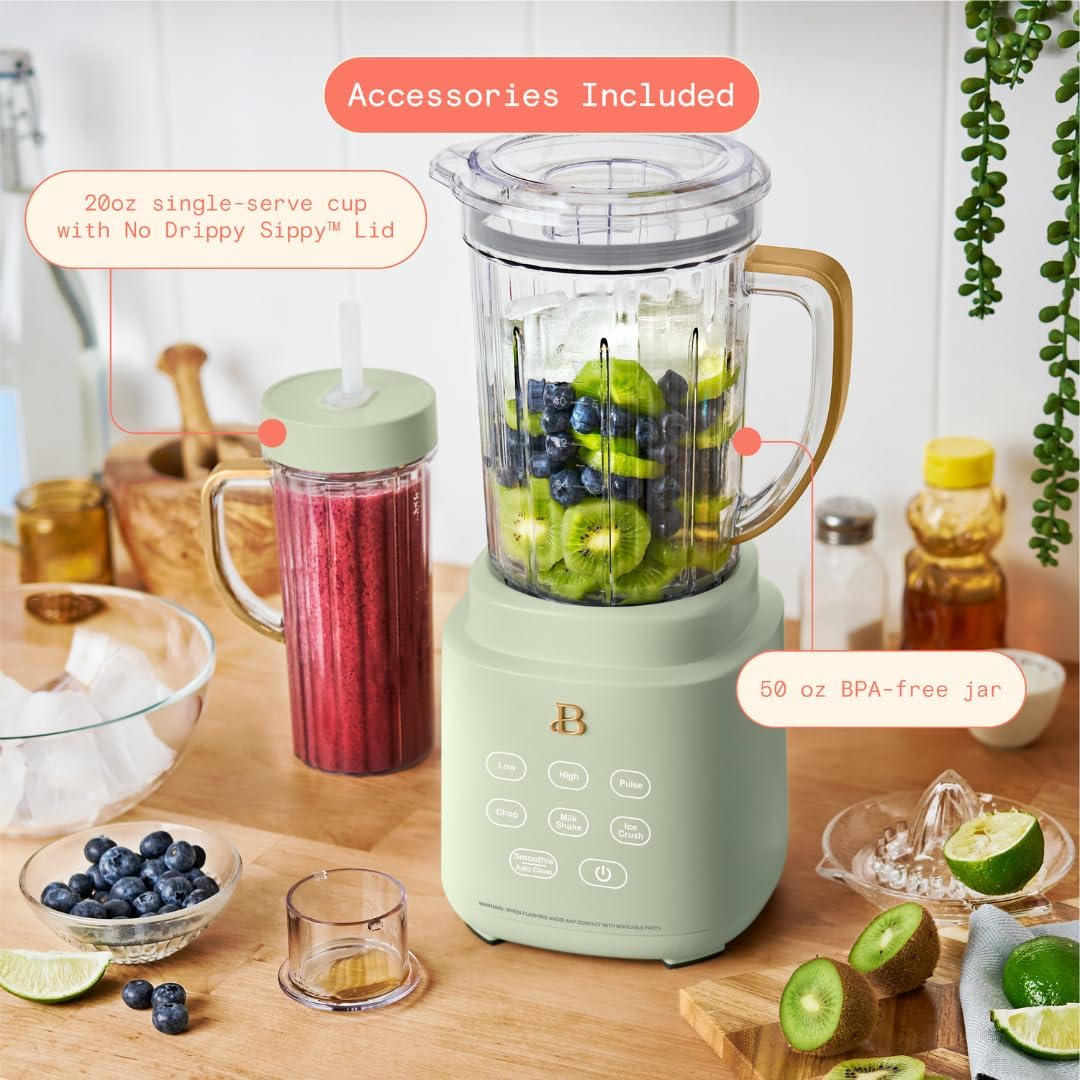 Beautiful PowerExact Blender System, 700W, Touch Display, PrecisionSense Tech, 50oz Tritan Jar + 20oz To-Go Cup, 4 Presets, Ice Crush, Smoothie, Dishwasher Safe, Gold Accents (Sage Green)