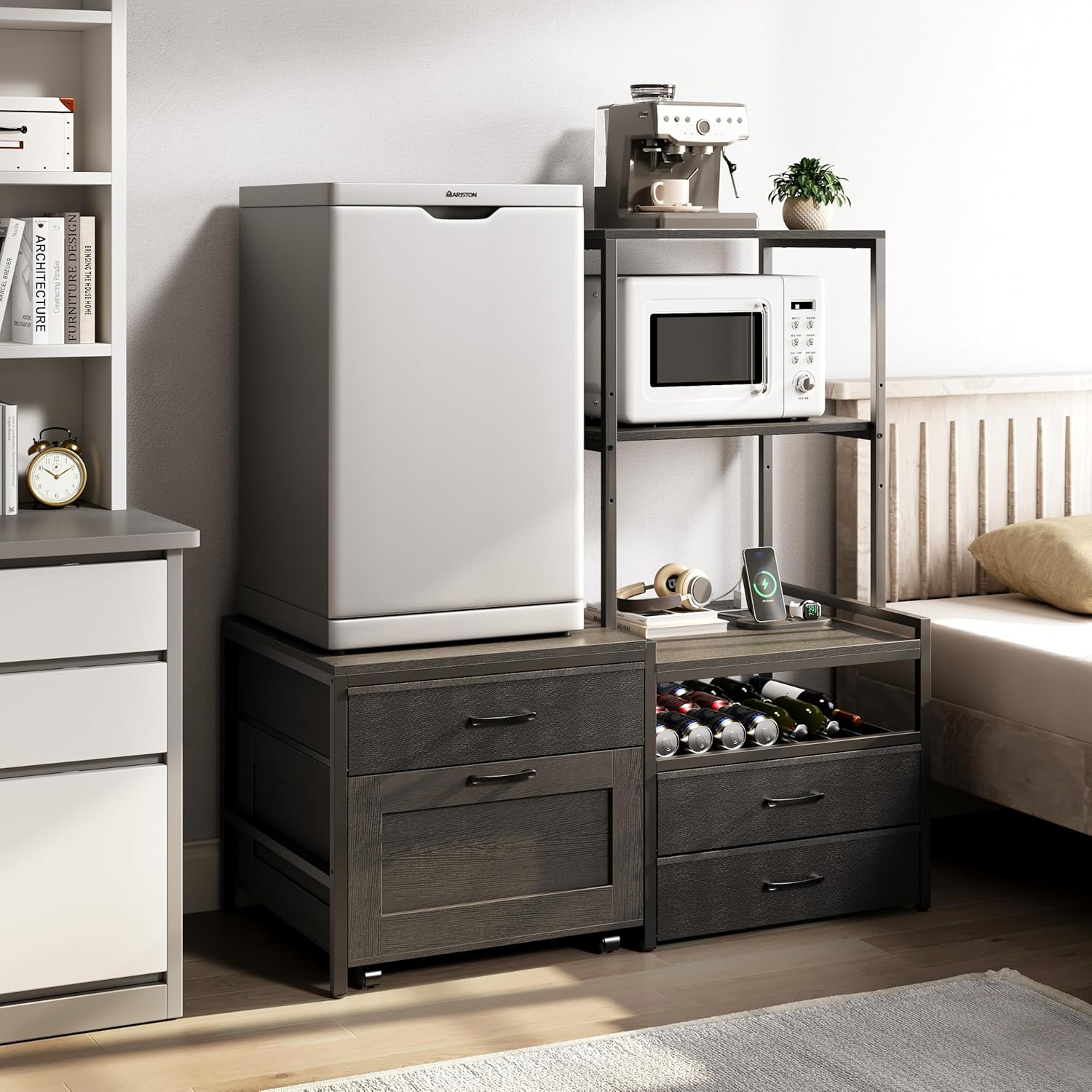 Mini Fridge Stand with Wine Rack, Kitchen Bakers Rack with Power Outlet, Microwave Oven Stand, Coffee Bar, Movable Drawers, for Dorm,Office, Black HB04BXB