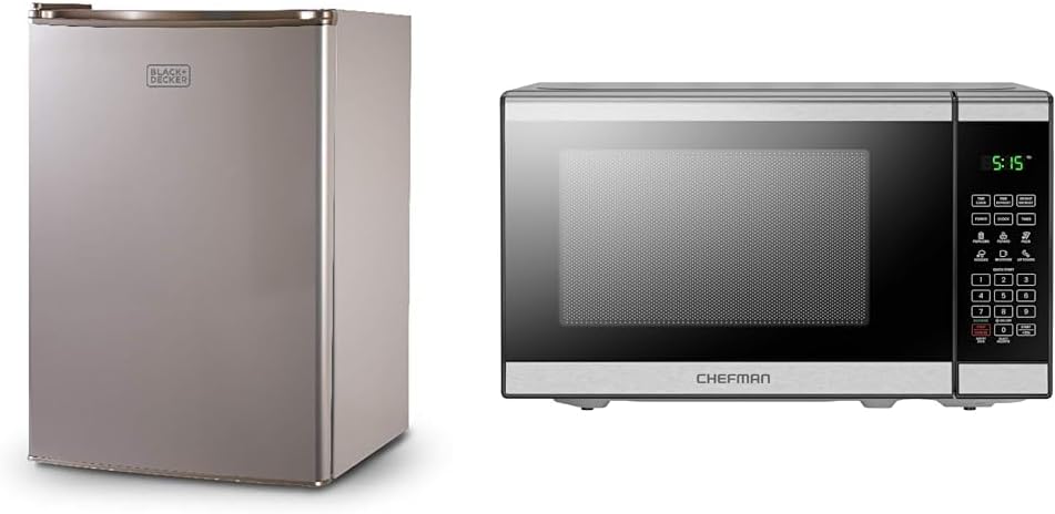 BLACK+DECKER BCRK25V Compact Refrigerator Energy Star Single Door Mini Fridge with Freezer & Chefman Countertop Microwave Oven 0.7 Cu. Ft. Digital Stainless Steel Microwave 700 Watts