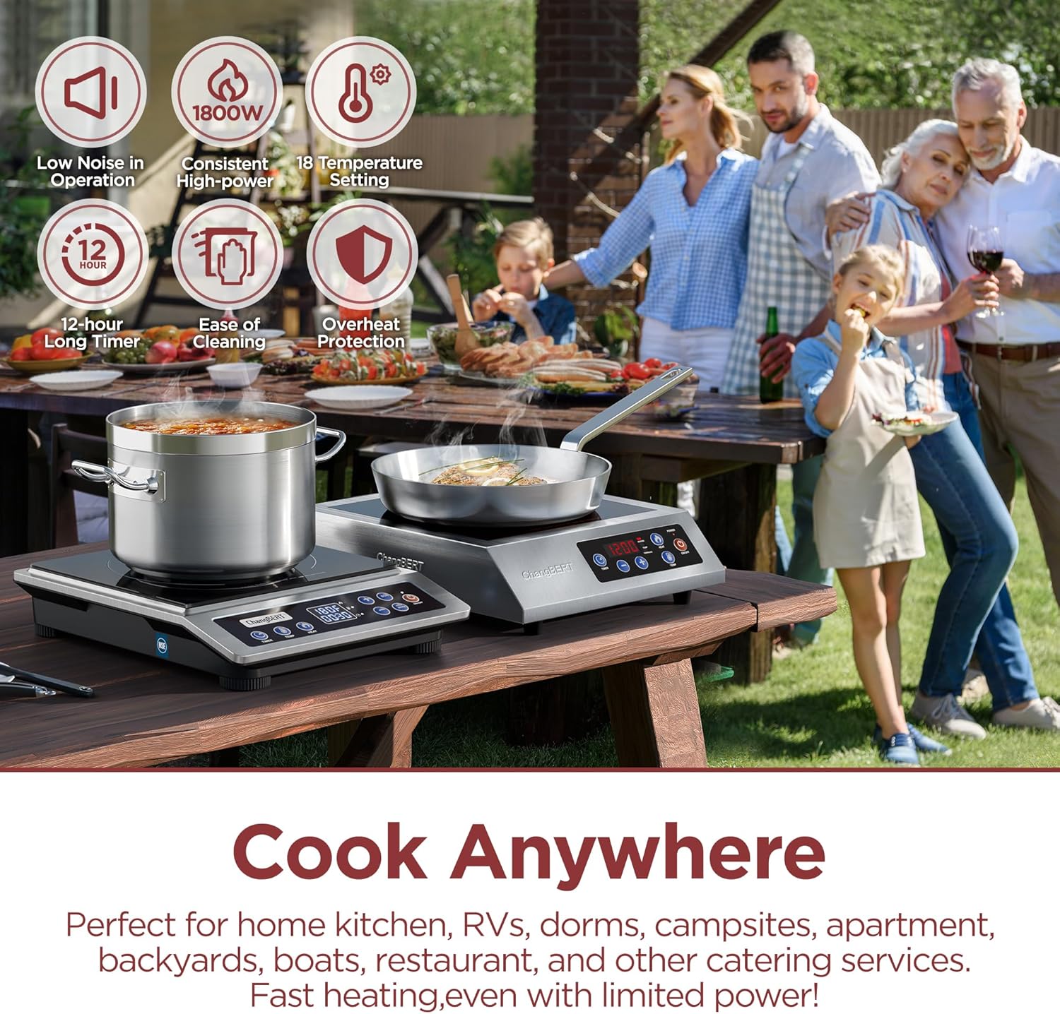 ChangBERT Portable Induction Cooktop Enhanced Version, One-Click Max Power 1800W Large Heating Coil Burner, Precise Temperature Control, NSF Certified, Low Noise Hot Plate for Home & Commercial