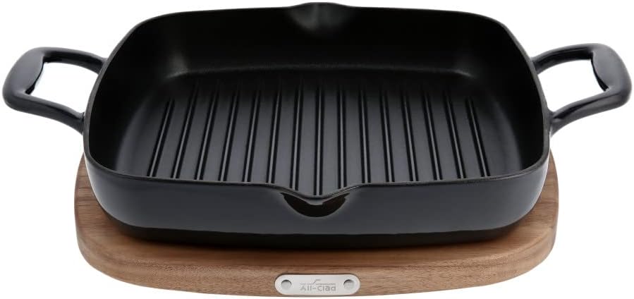 All-Clad Cast Iron Enameled Square Grill with Acacia Trivet 11 Inch Induction Oven Broiler Safe 650F Pots and Pans, Cookware Black