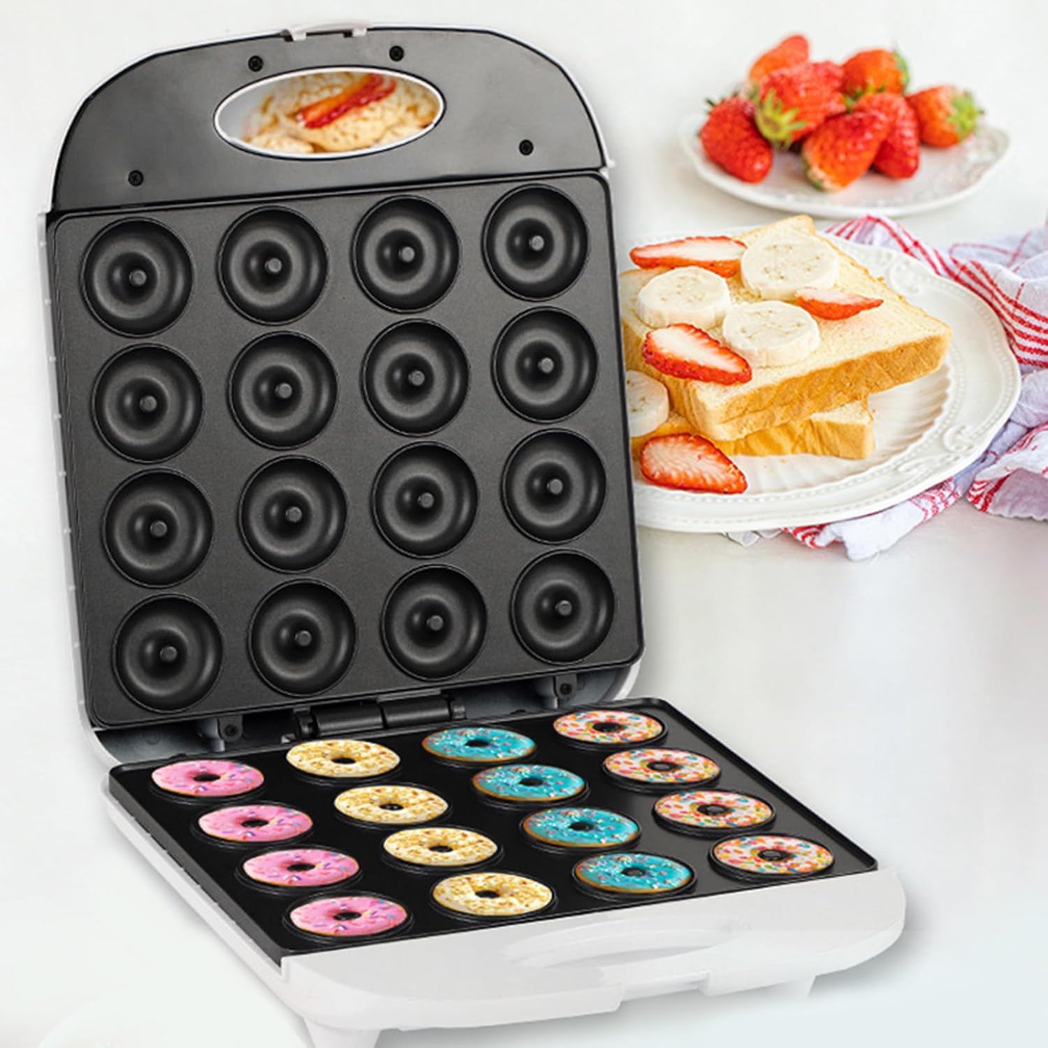 AYNEFY Powerful 1400W Mini Donut Machine, 16 Holes Electric Non Stick Doughnut Maker, Compact ABS BPA Cooking Maker for Home Breakfast Snacks