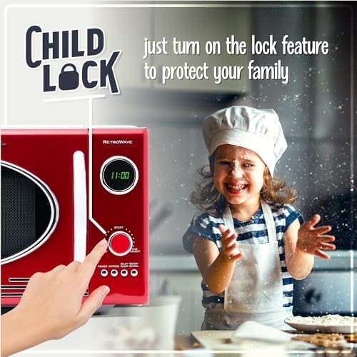 Nostalgia RMO4RR Retro Large 0.9 cu ft, 800-Watt Countertop Microwave Oven, 12 Pre-Programmed Cooking Settings, Digital Clock, Easy Clean Interior, Metallic Red