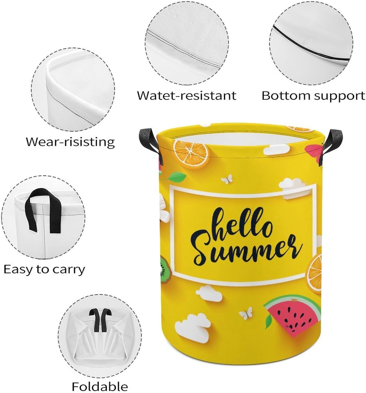 Kuizee Laundry Basket Collapsible Clothes Hamper Hello Summer Fruit Yellow Washing Bin Waterproof Round Oxford Cloth Storage Baskets for Bedrooms Clothes Toys,17.3x13.8 Inch