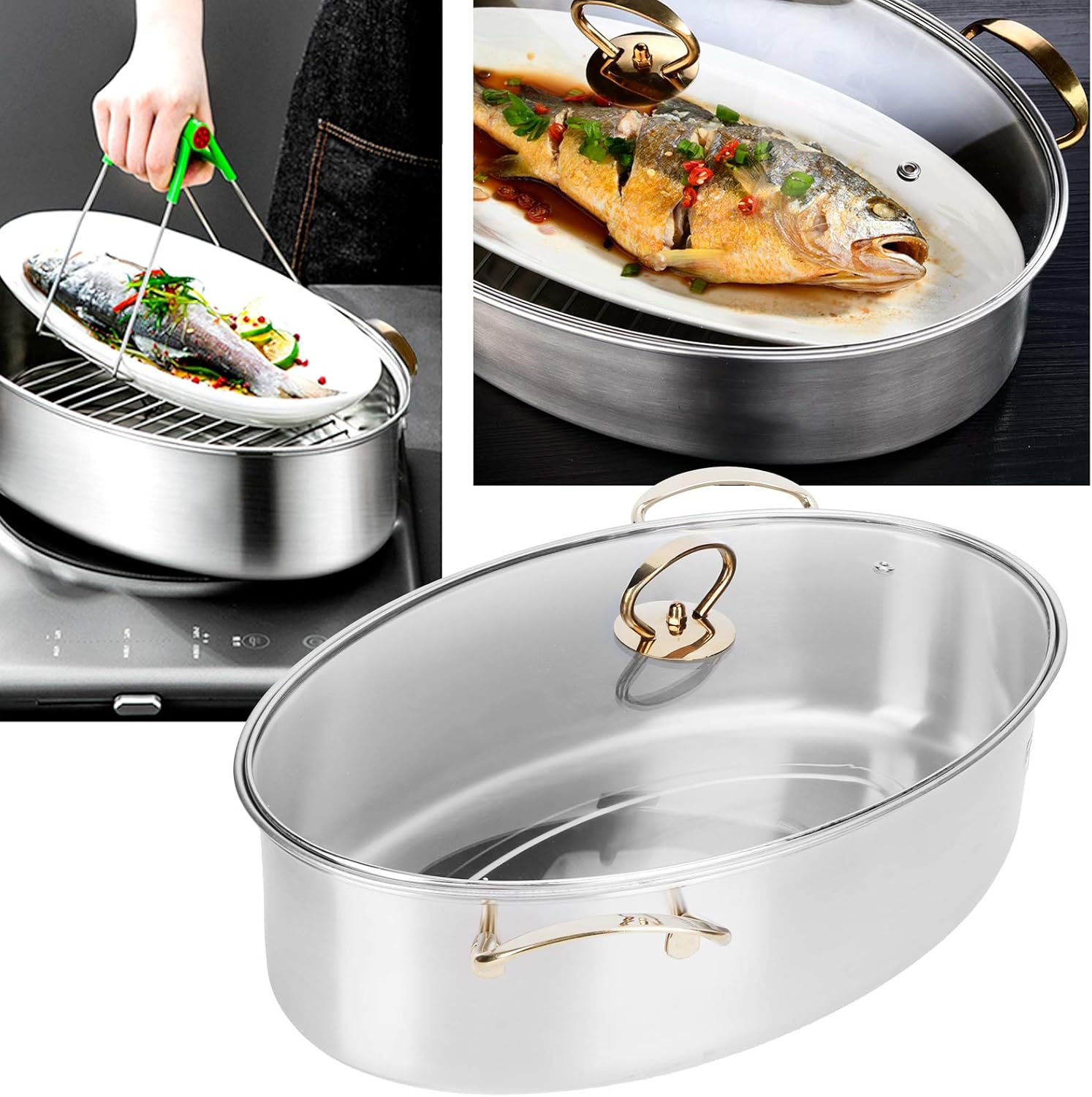 Stainless Steel Oval Fish Steamer, Multi Use Cookware with Rack Kitchen Steam Pot and Lid Home Roasting Pan Plate Small Kitchen Appliances Stockpot for Vegetable Steaming Boiling Soup Roast Turkey