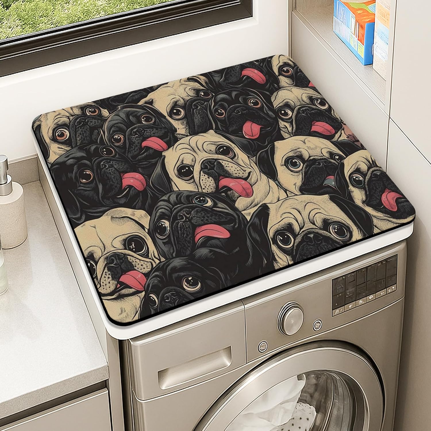 Pug Lover Washer Dryer Top Protector Mat, Retro Pug Faces Laundry Machine Dust Cover, Cute Rubber Anti-slip Waterproof Washer And Dryer Mats for Home 24x24 Inch
