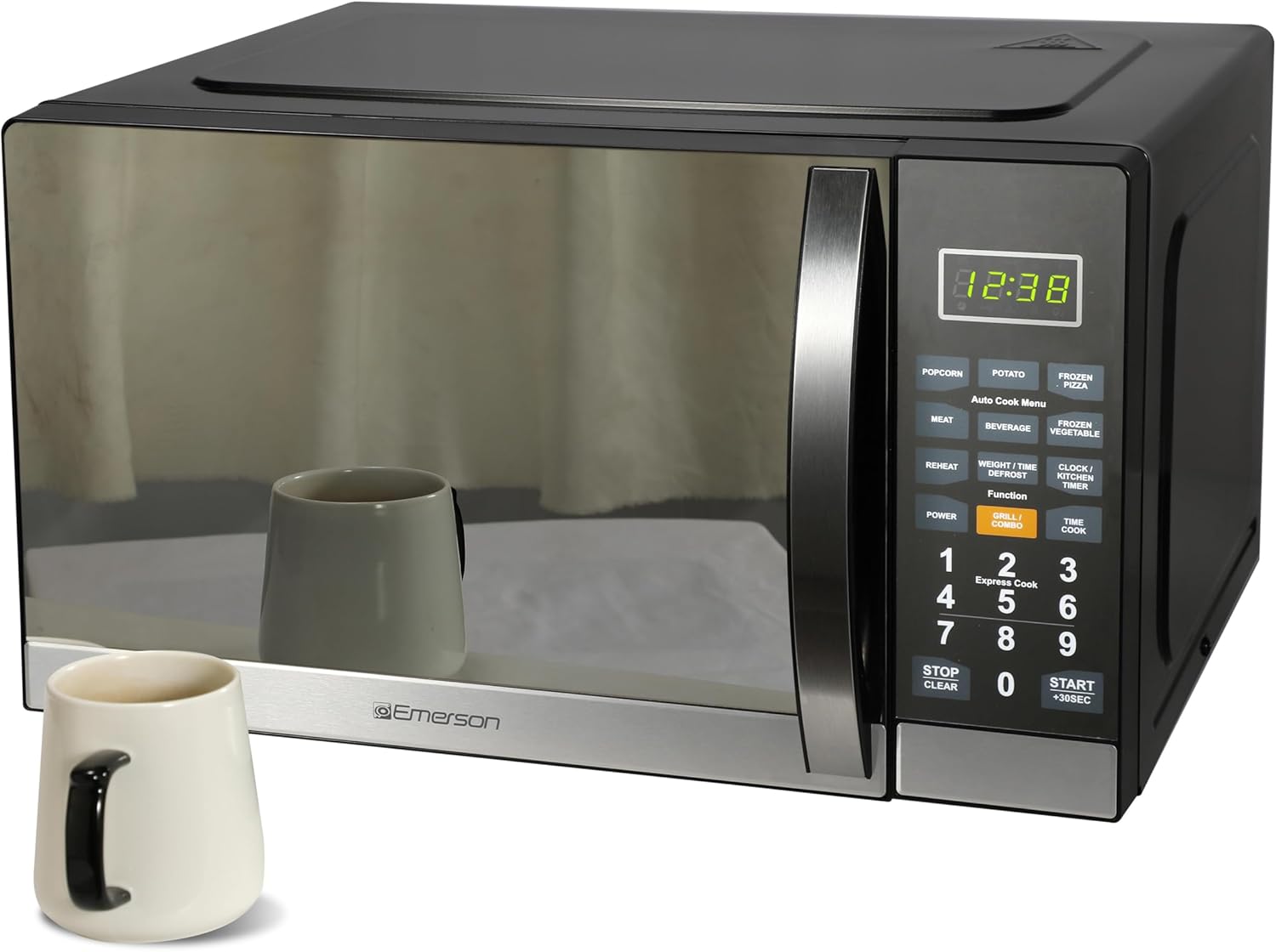 Emerson MWG1191SB 1.1 Cu. Ft. Microwave with Built-In Grill Function, 1100W Power, Stainless Steel, LED Timer Display, 11 Power Levels, 9 Preset Cooking Options, Removable Glass Turntable, Child Lock