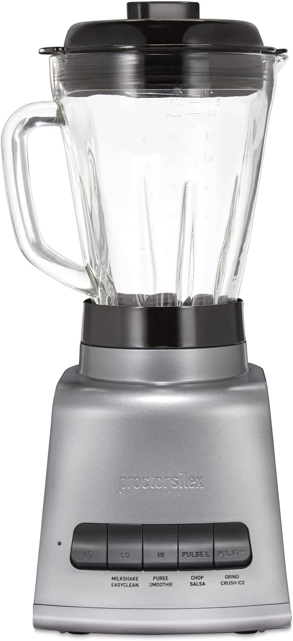 Proctor Silex PowerHouse 950 Watts Blender for Shakes and Smoothies, 52 oz. BPA Free MultiBlend Glass Jar, Black & Silver (53560)